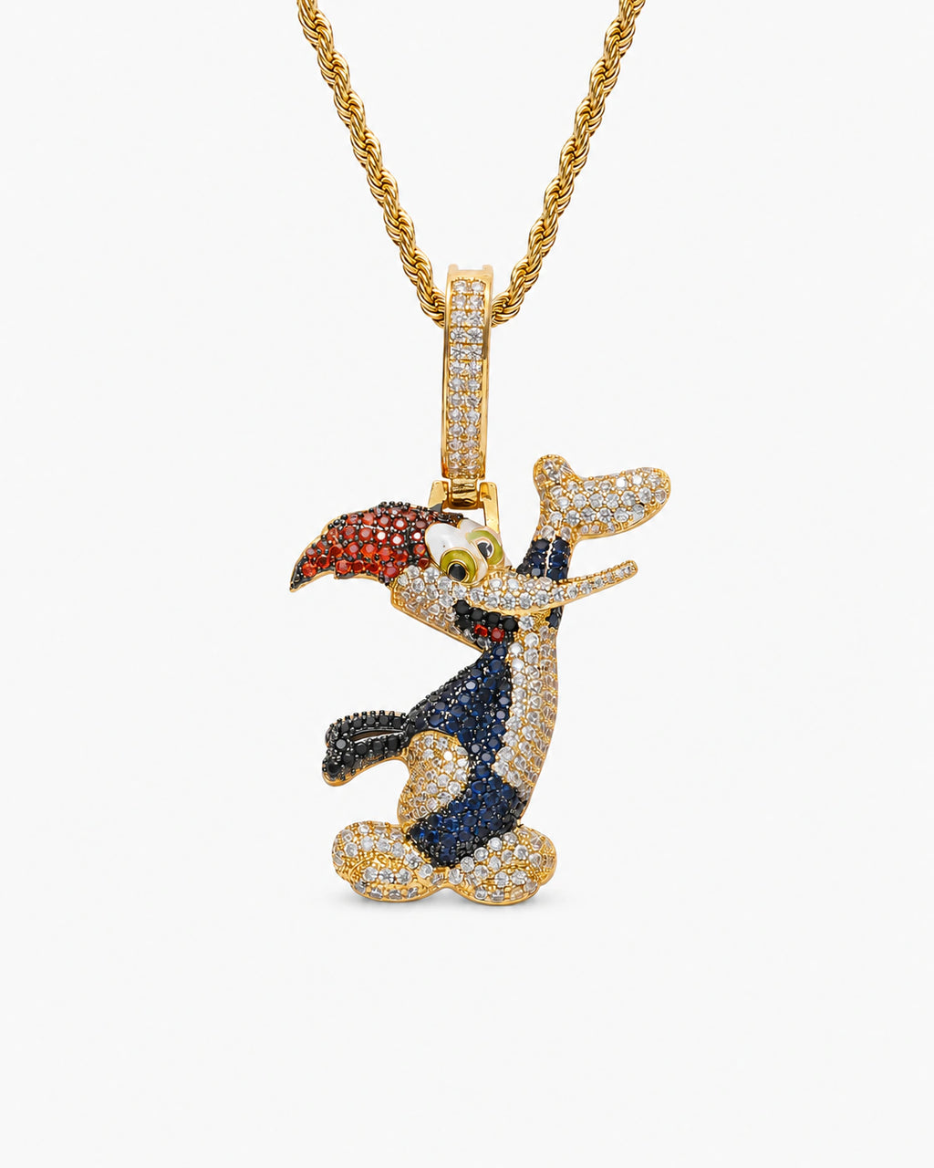 Iced CZ Cartoon Woodpecker Pendant Necklace