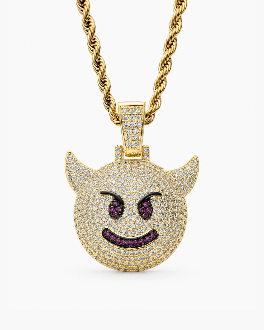 Iced CZ Horned Grin Pendant Necklace