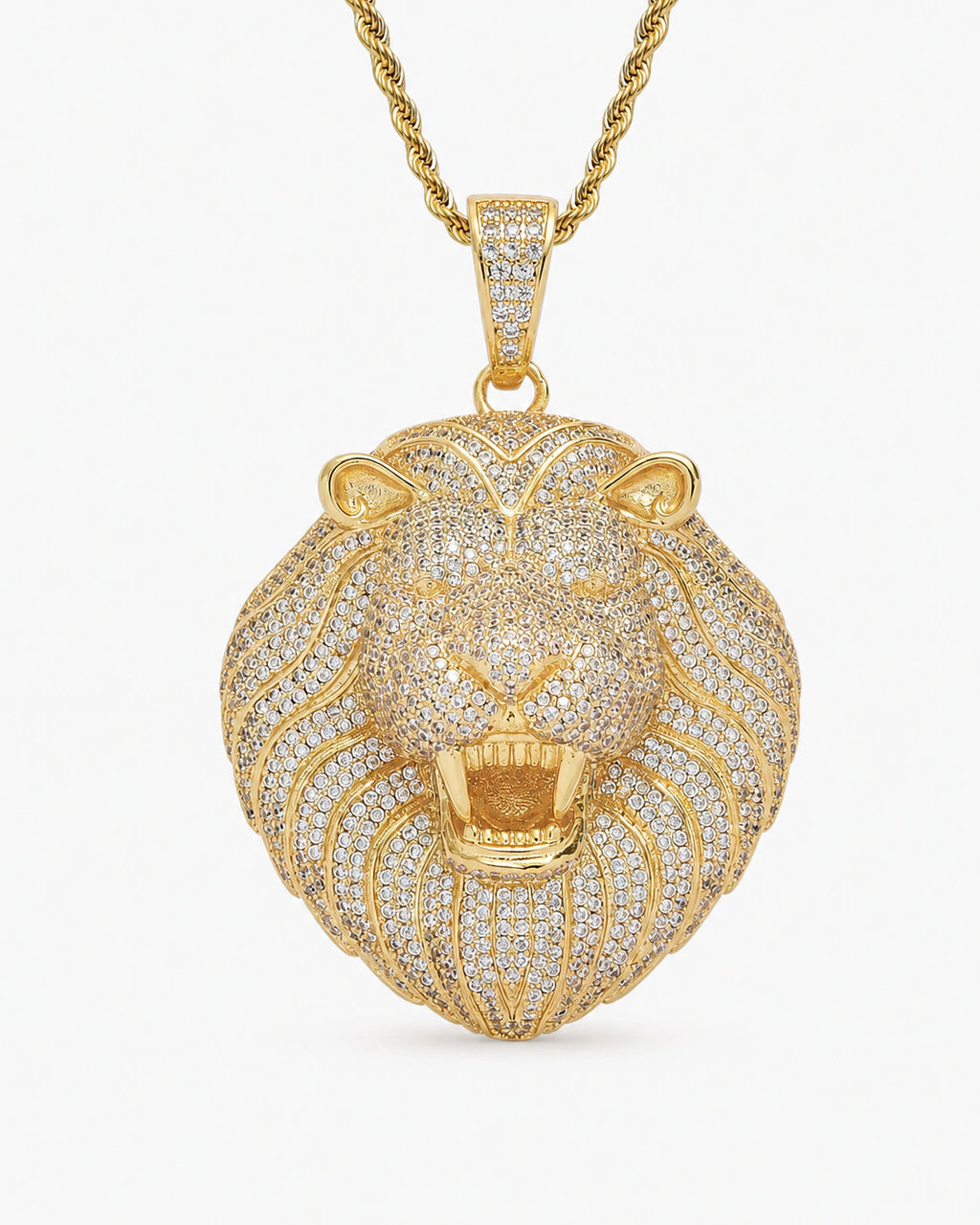 Iced CZ Roaring Lion Pendant Necklace