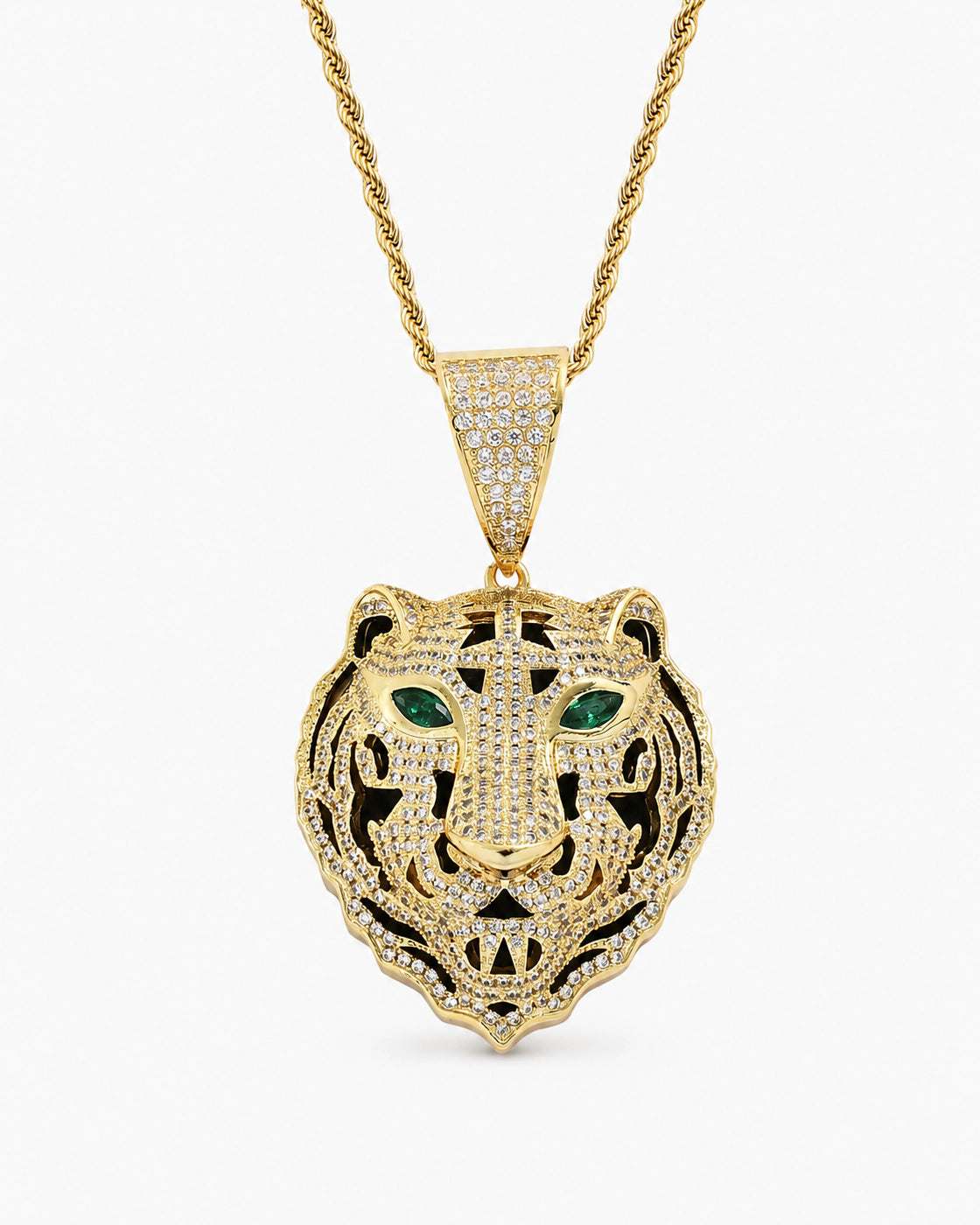 Iced CZ Tiger Head Pendant Necklace