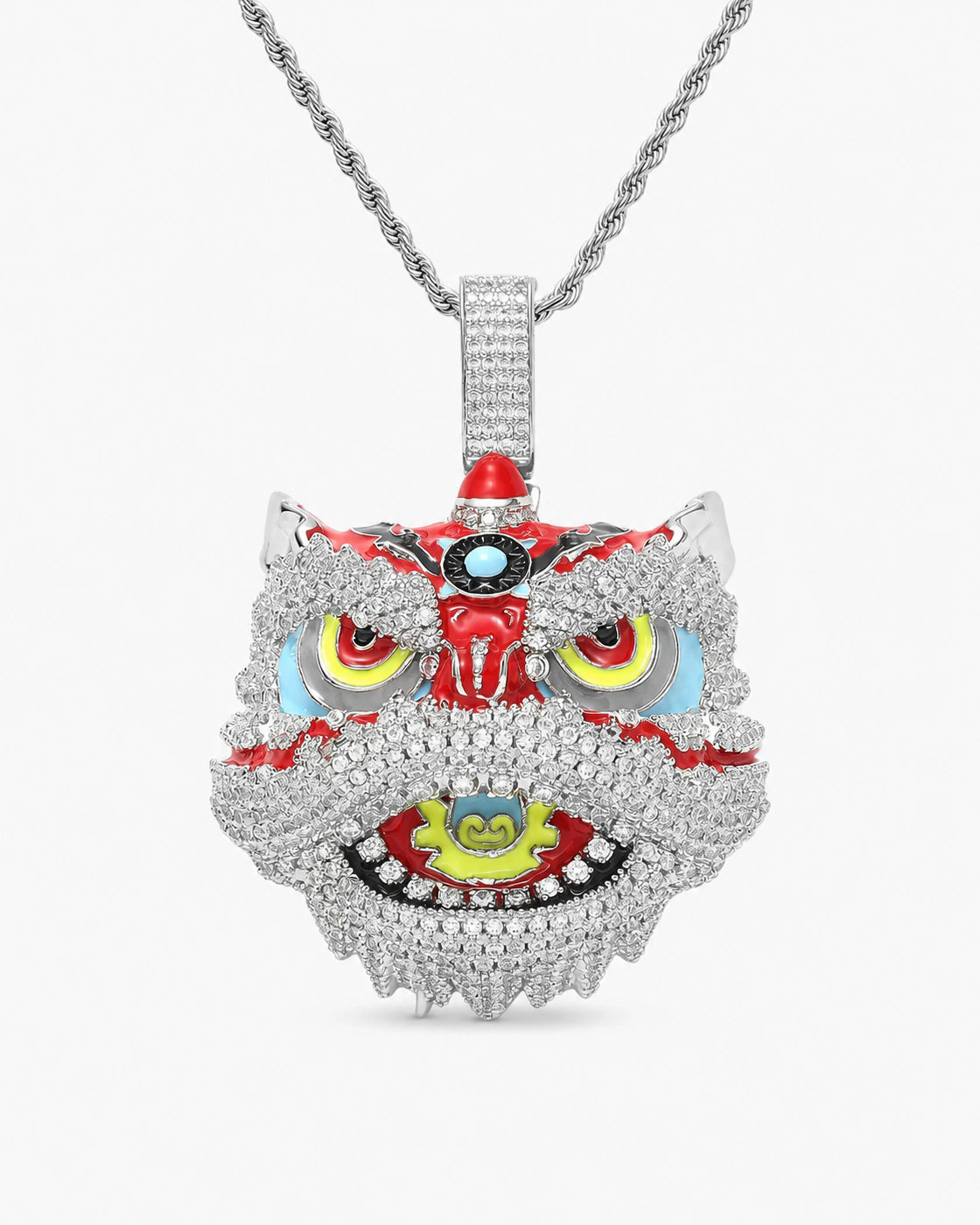 Iced CZ Lion Dance Head Pendant Necklace
