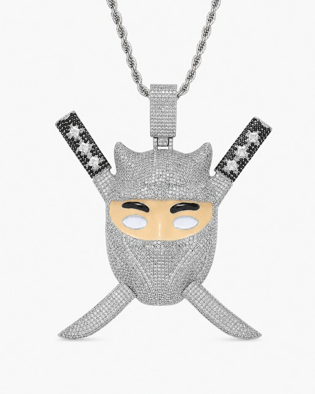 Iced CZ Ninja Mask Crossed-Blade Pendant Necklace