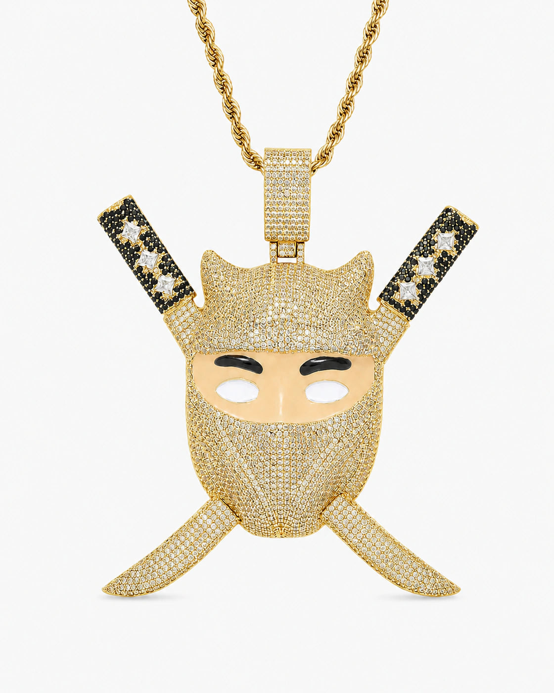 Iced CZ Ninja Mask Crossed-Blade Pendant Necklace
