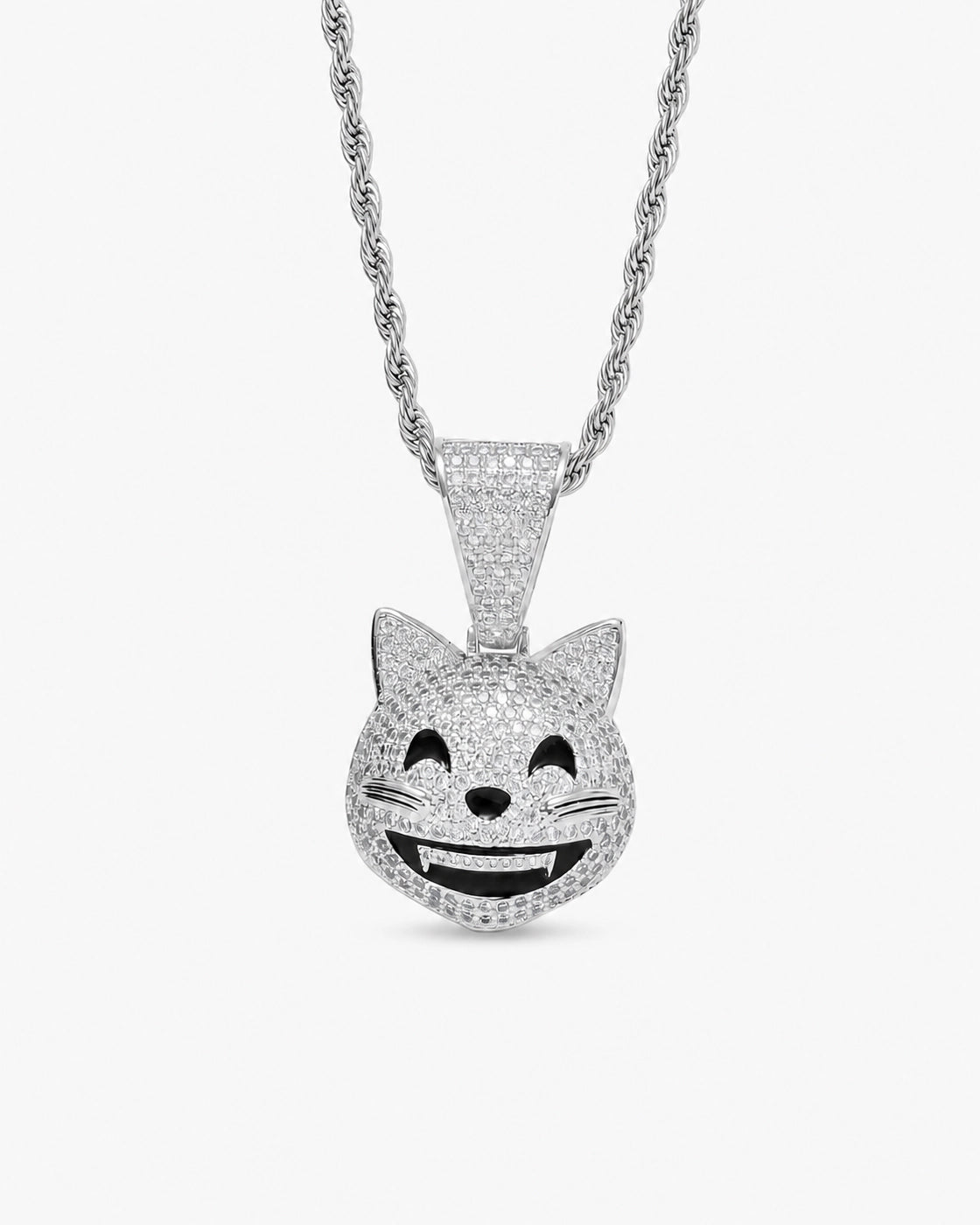 Iced CZ Grinning Cat Pendant Necklace