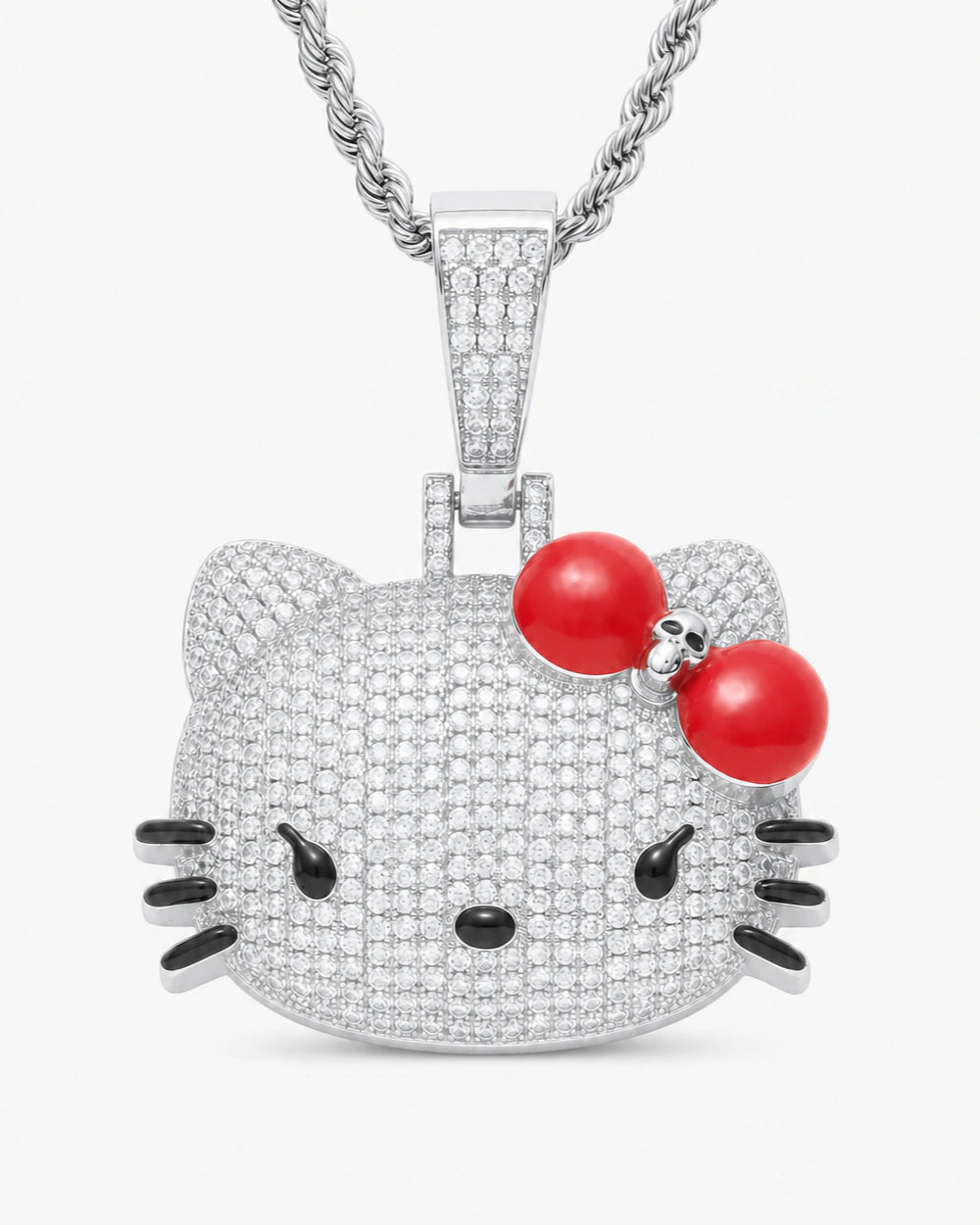 Iced CZ Pave Cat Face Red Bow Pendant Necklace