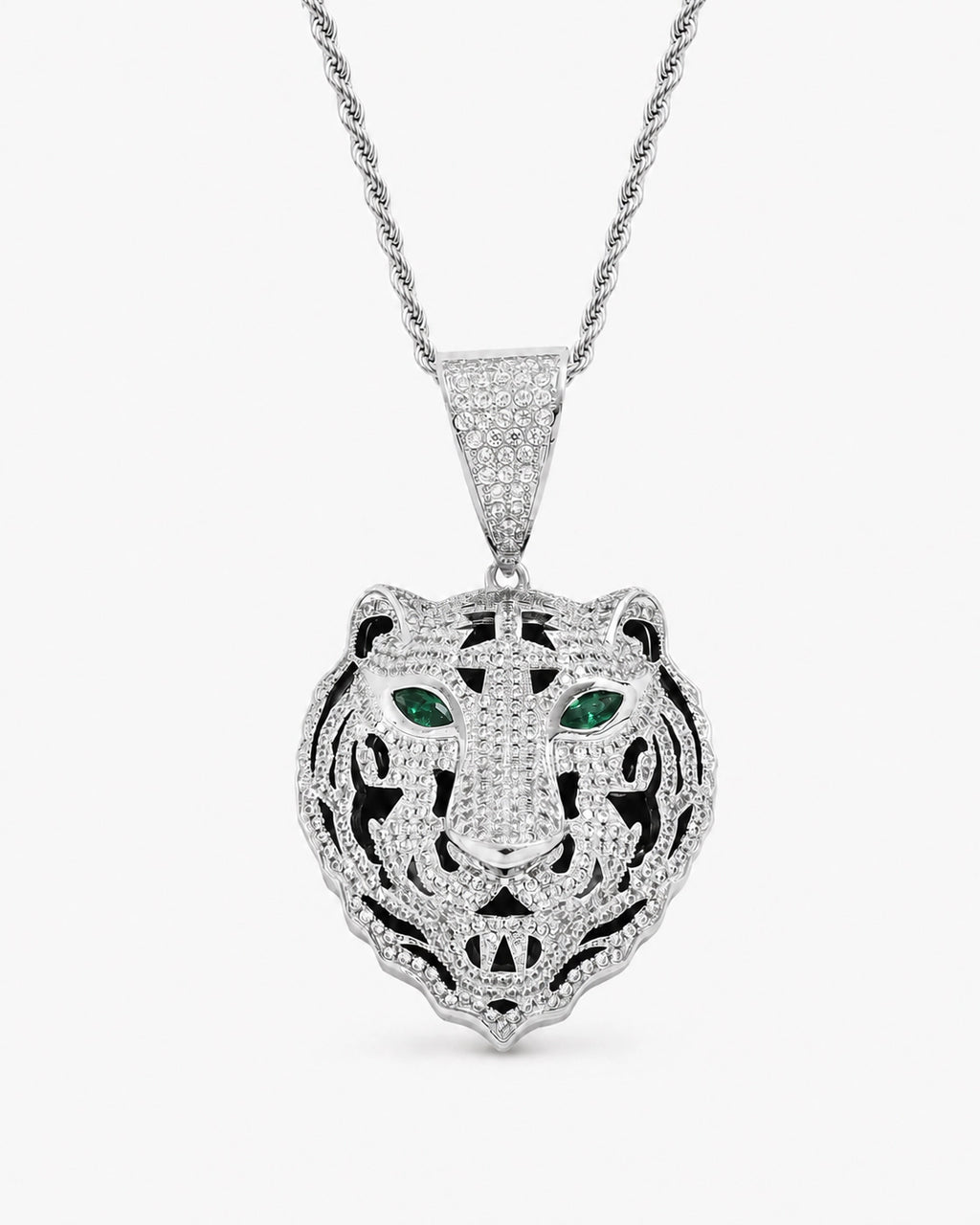 Iced CZ Tiger Head Pendant Necklace