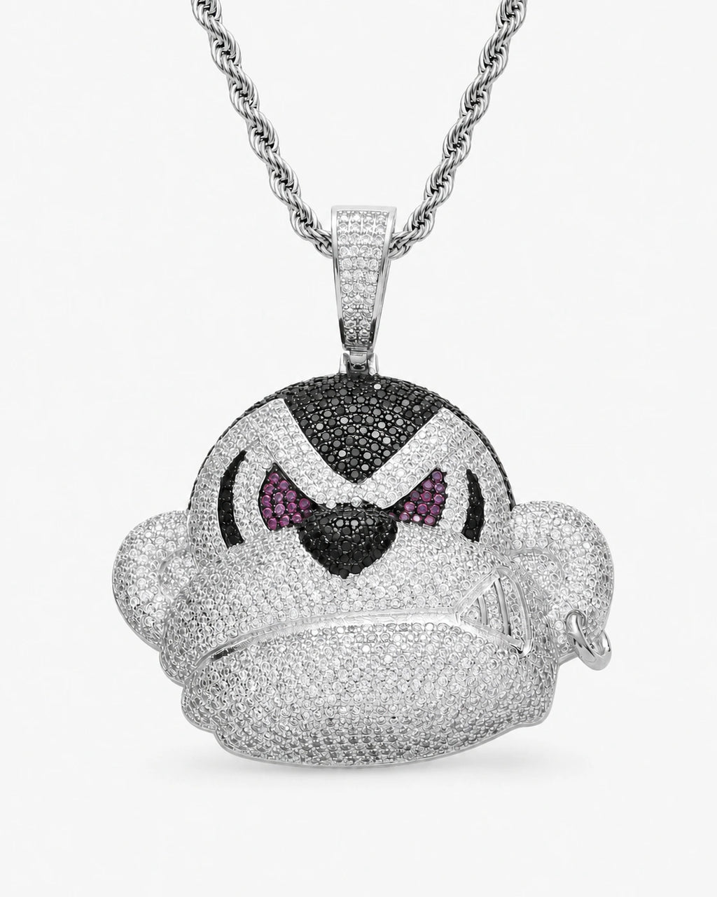 Iced CZ Scowling Cartoon Face Pendant Necklace