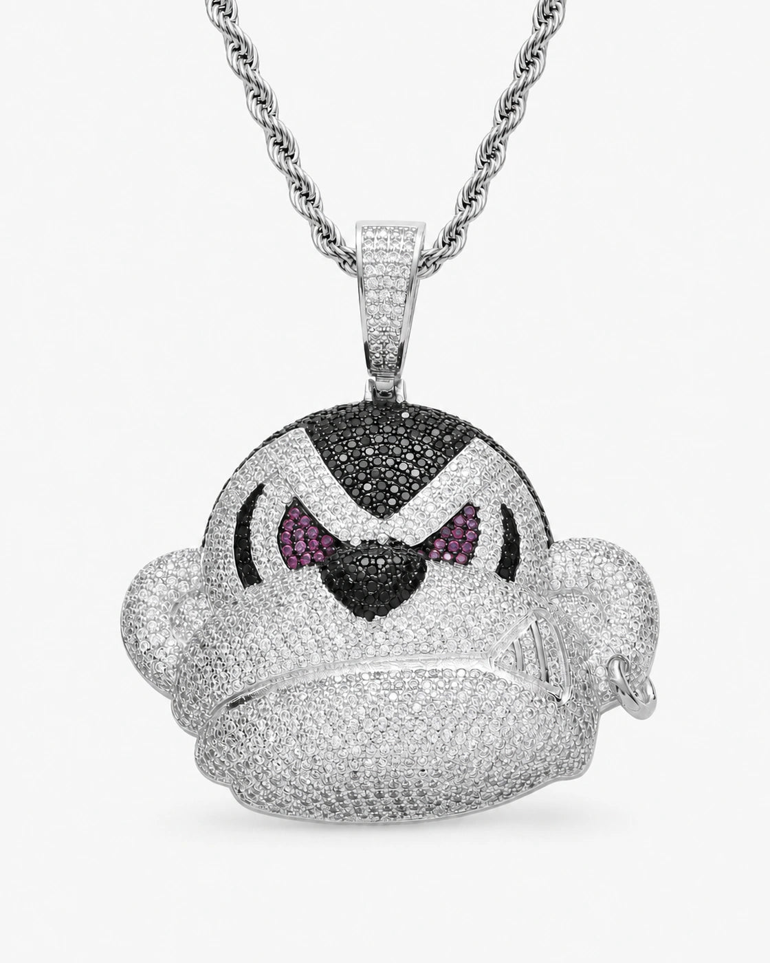 Iced CZ Scowling Cartoon Face Pendant Necklace
