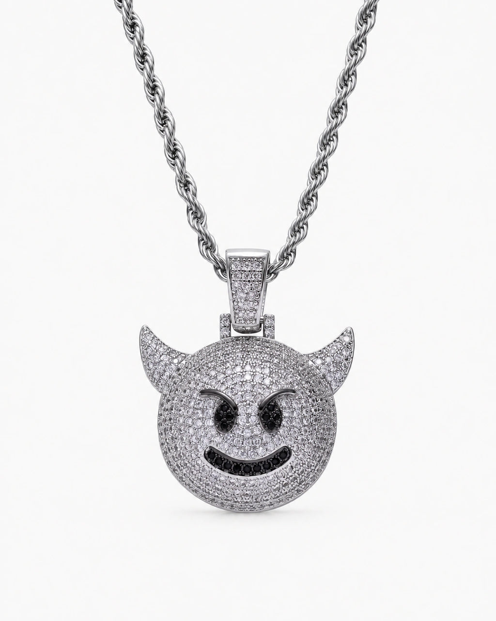 Iced CZ Horned Grin Pendant Necklace