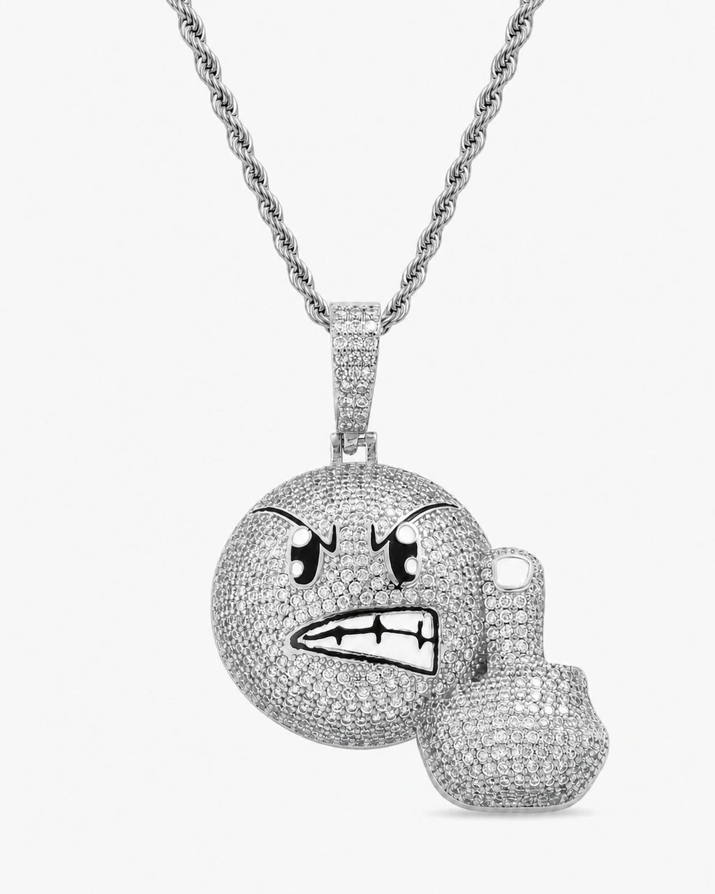 Iced CZ Pave Angry Face & Fist Pendant Necklace