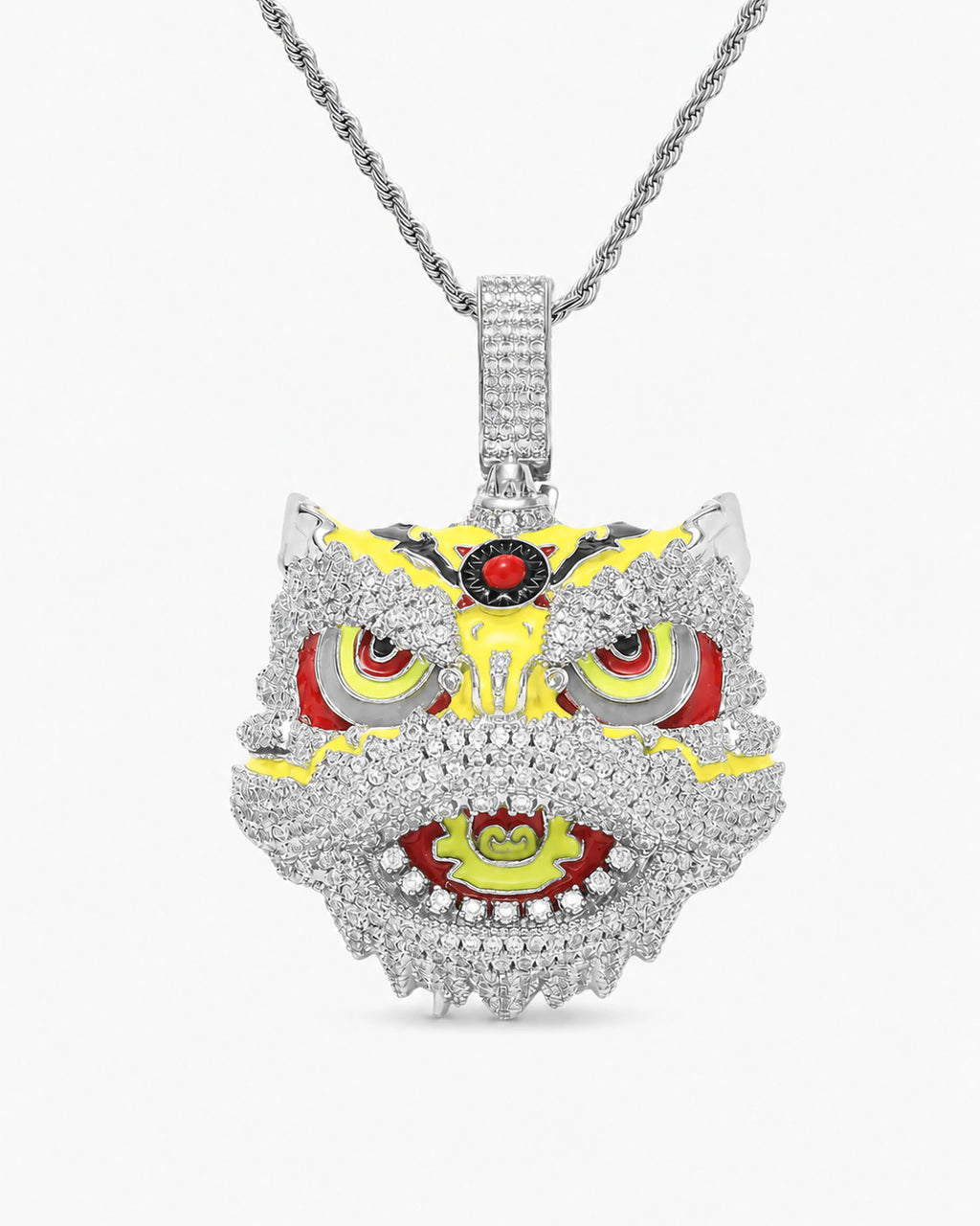 Iced CZ Lion Dance Head Pendant Necklace