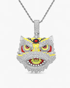 Iced CZ Lion Dance Head Pendant Necklace