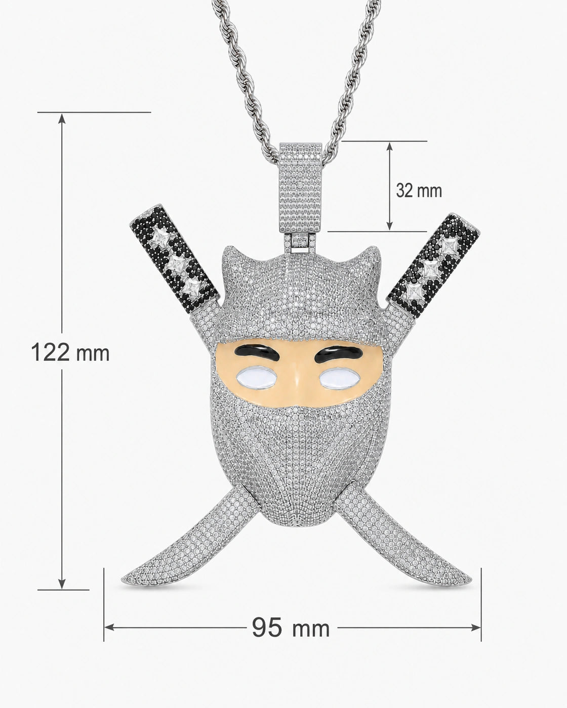 Iced CZ Ninja Mask Crossed-Blade Pendant Necklace