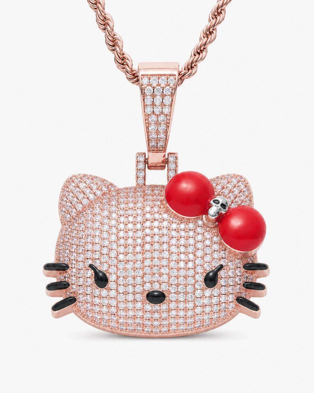 Iced CZ Pave Cat Face Red Bow Pendant Necklace