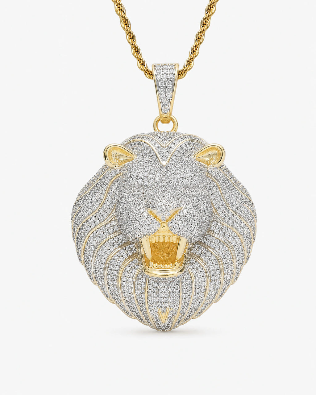 Iced CZ Roaring Lion Pendant Necklace