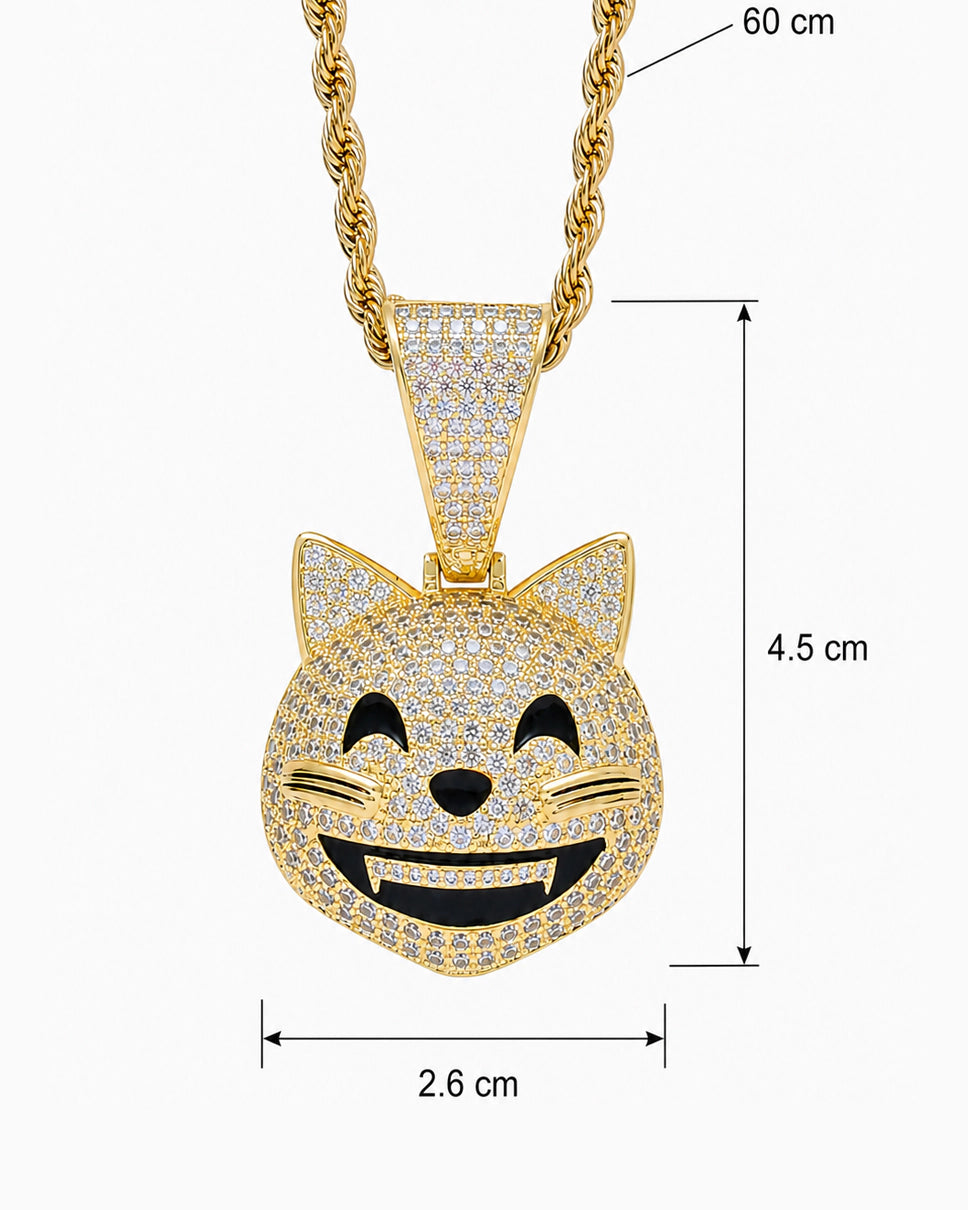 Iced CZ Grinning Cat Pendant Necklace