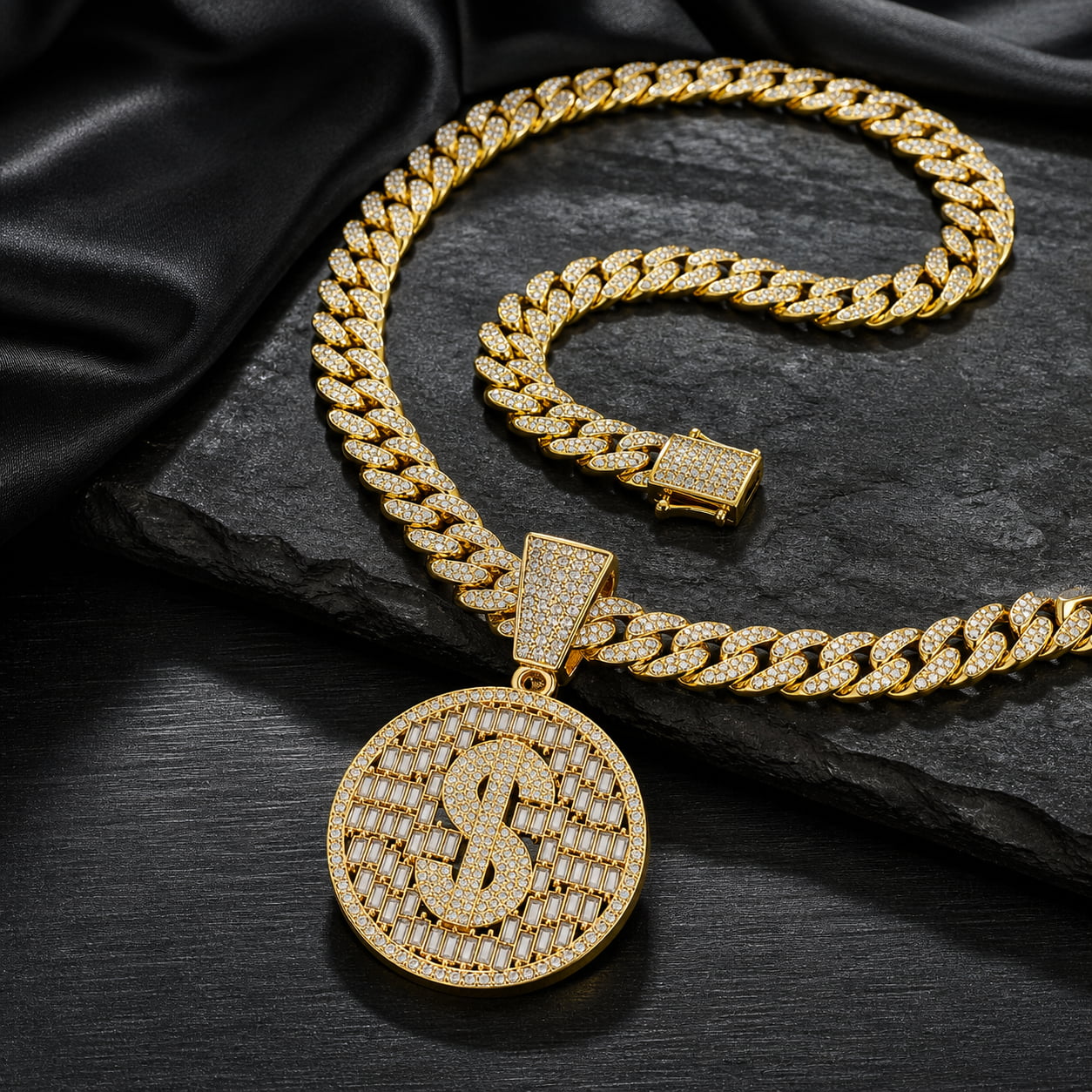 Iced Dollar Pendant Cuban Link Chain