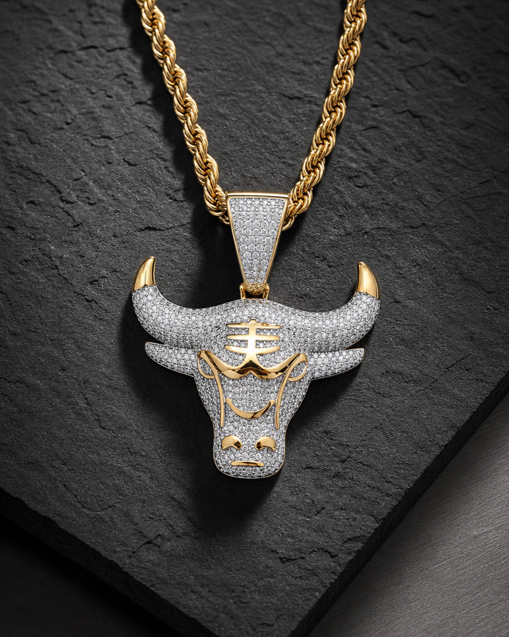 Iced CZ Bull Head Pendant Necklace