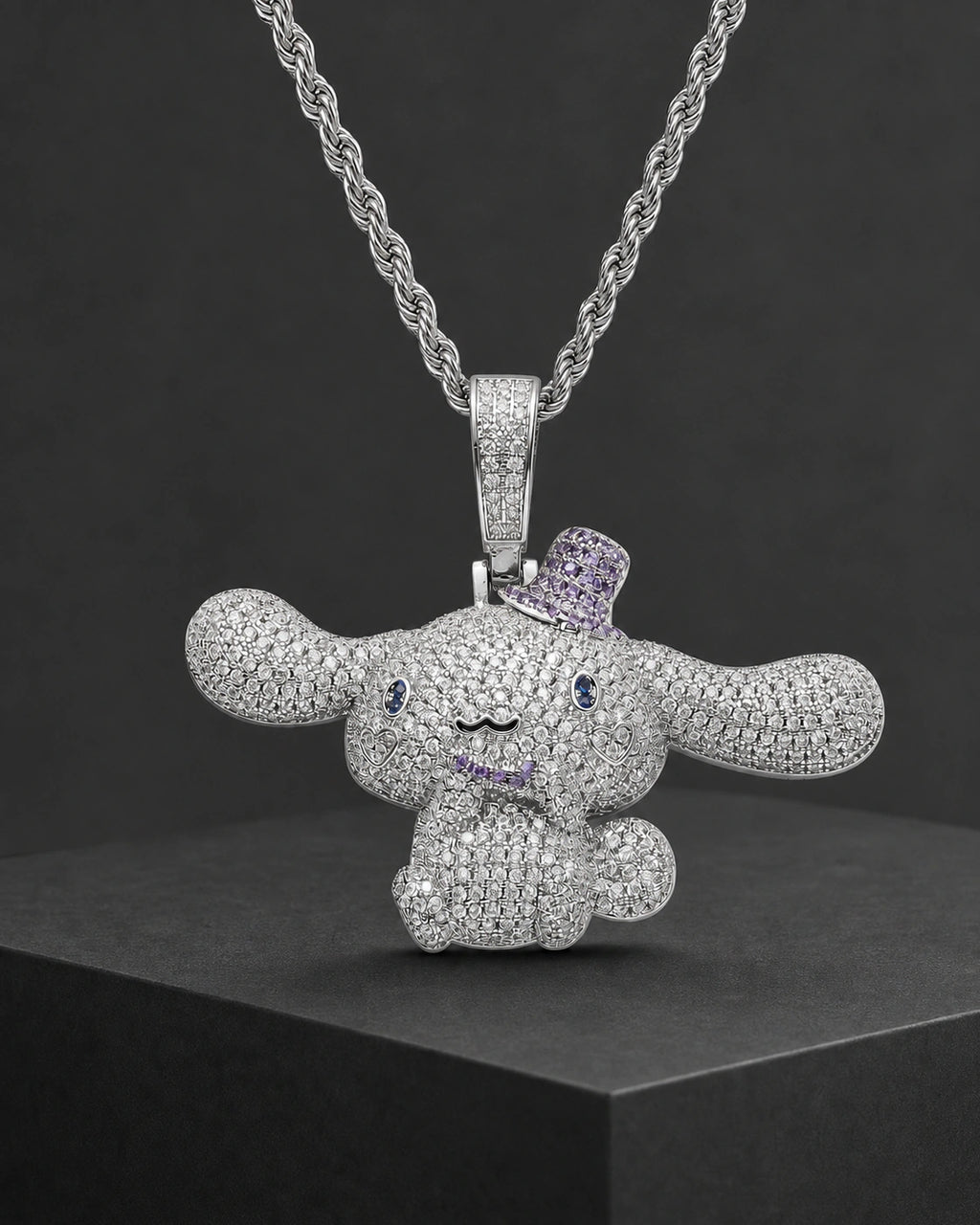 Iced CZ Long-Ear Character Pendant Necklace