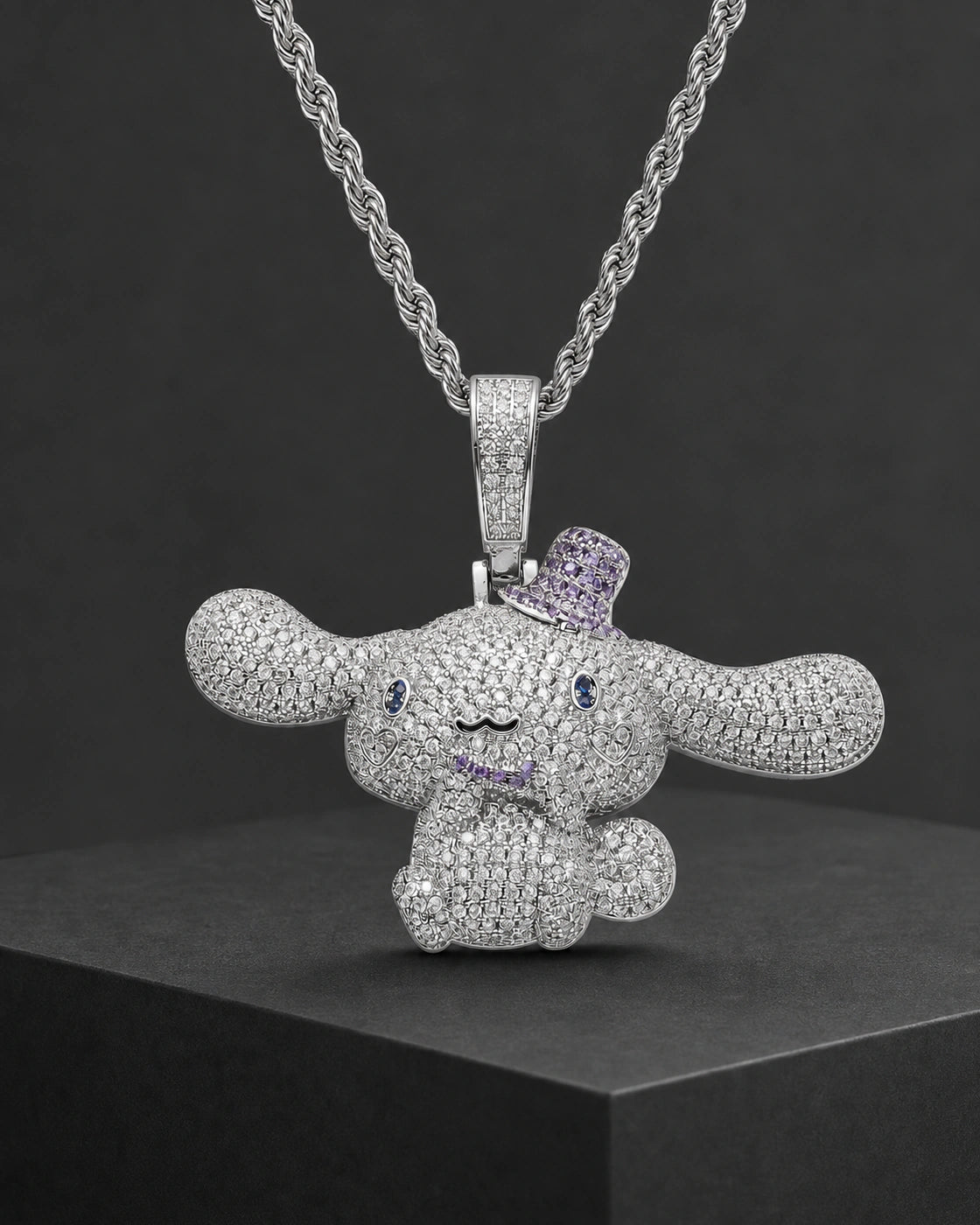 Iced CZ Long-Ear Character Pendant Necklace