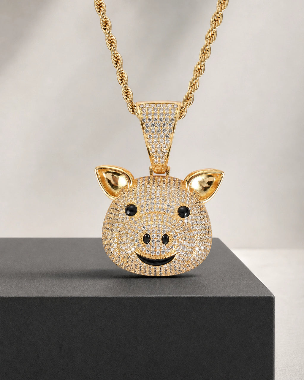 Iced CZ Pig Face Pendant Necklace