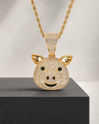 Iced CZ Pig Face Pendant Necklace