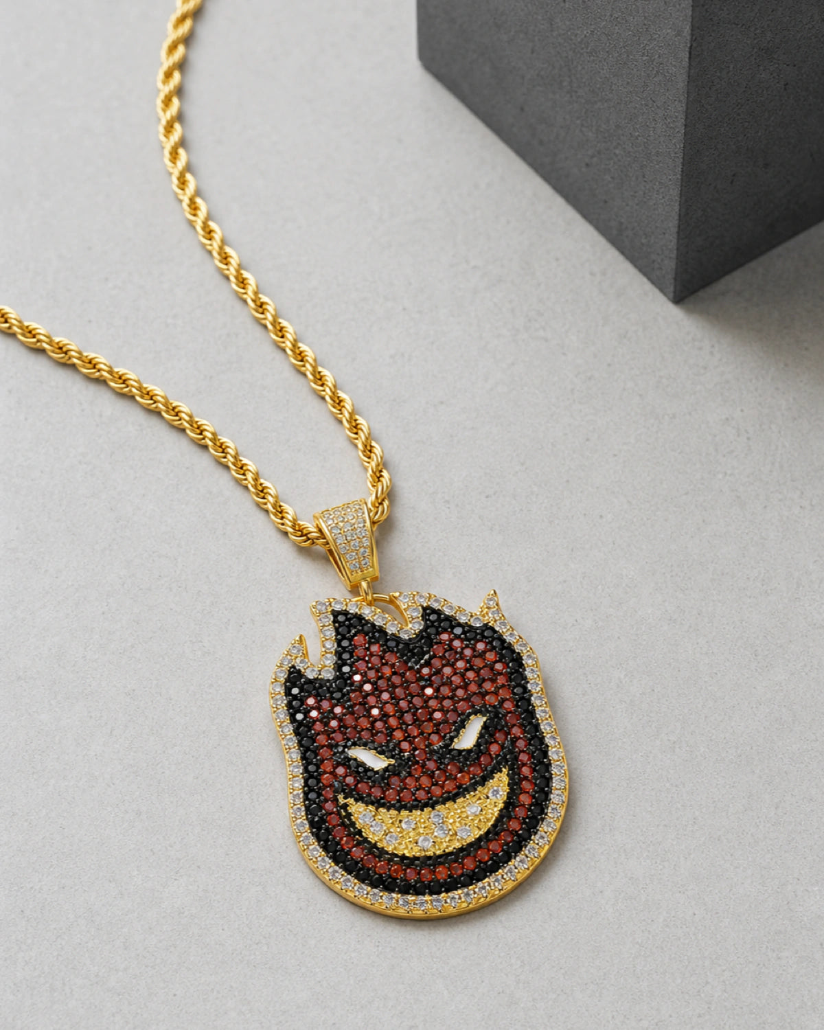 Iced CZ Flame Grin Pendant Necklace