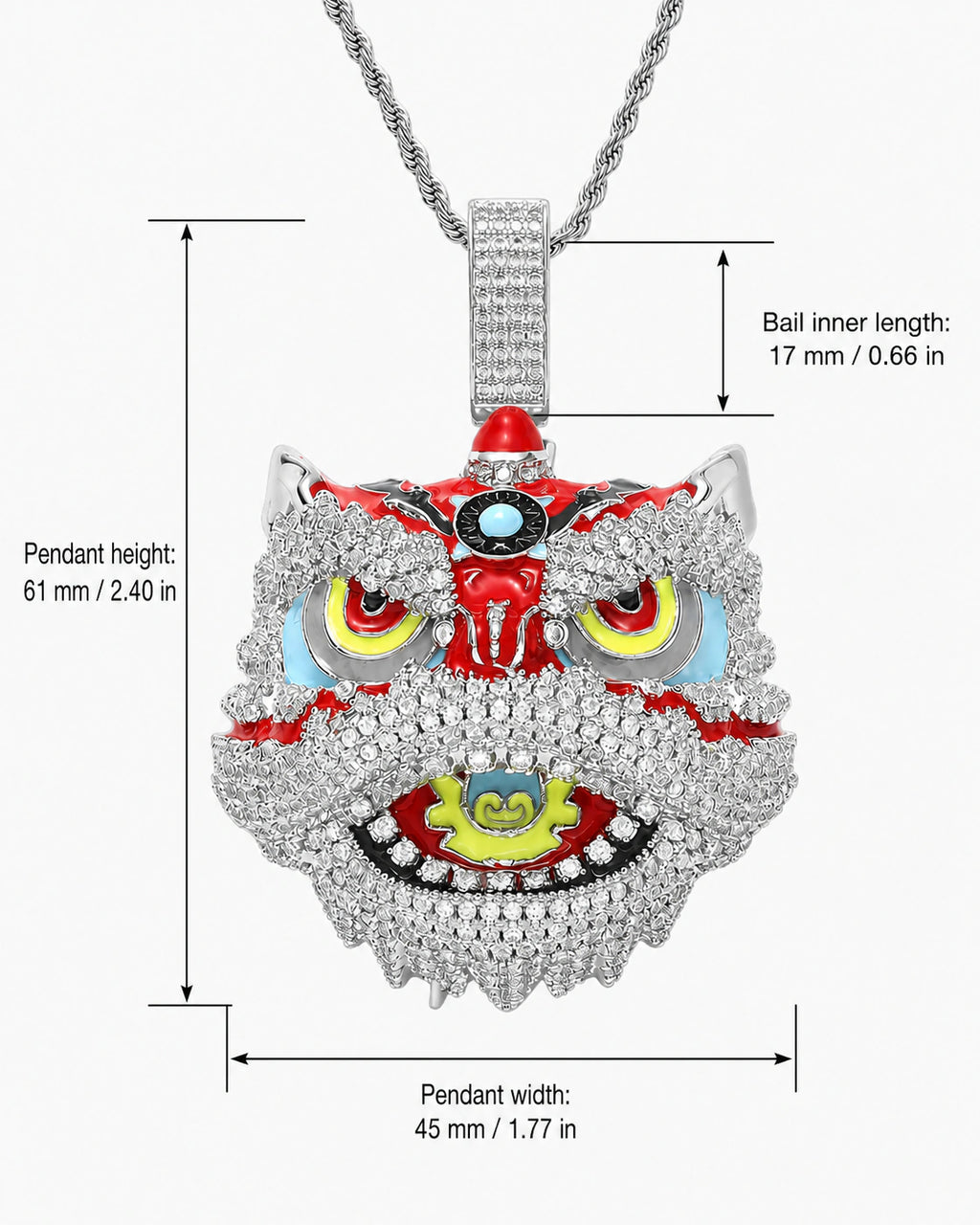 Iced CZ Lion Dance Head Pendant Necklace