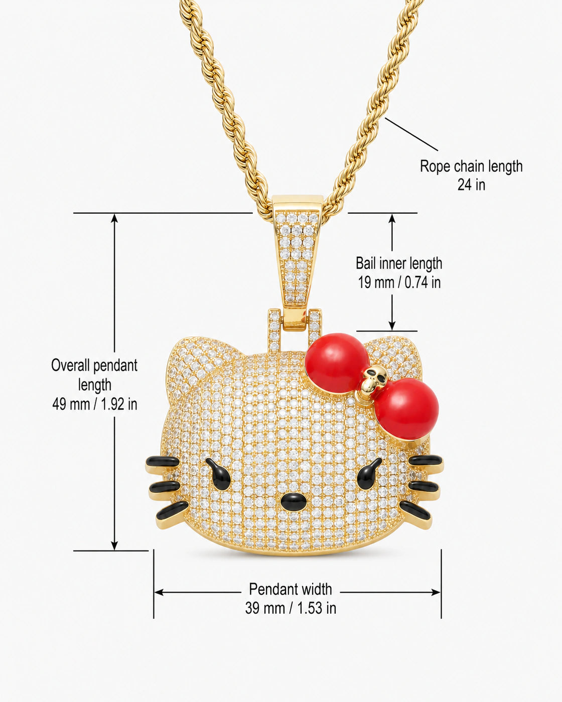 Iced CZ Pave Cat Face Red Bow Pendant Necklace