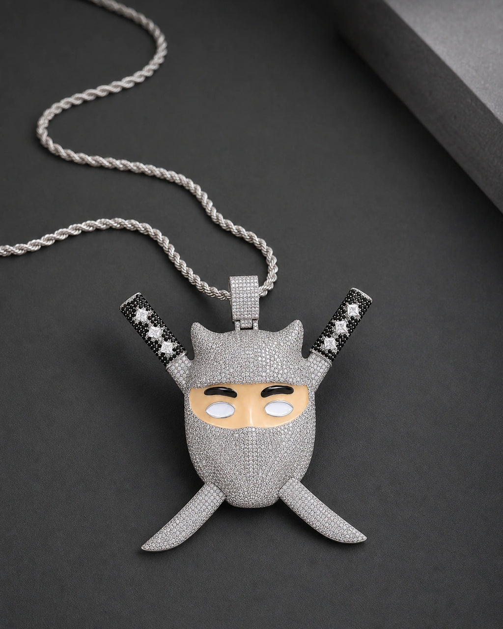 Iced CZ Ninja Mask Crossed-Blade Pendant Necklace