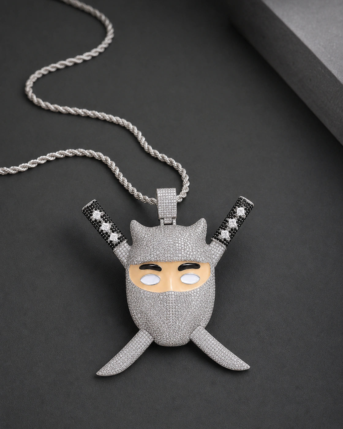 Iced CZ Ninja Mask Crossed-Blade Pendant Necklace