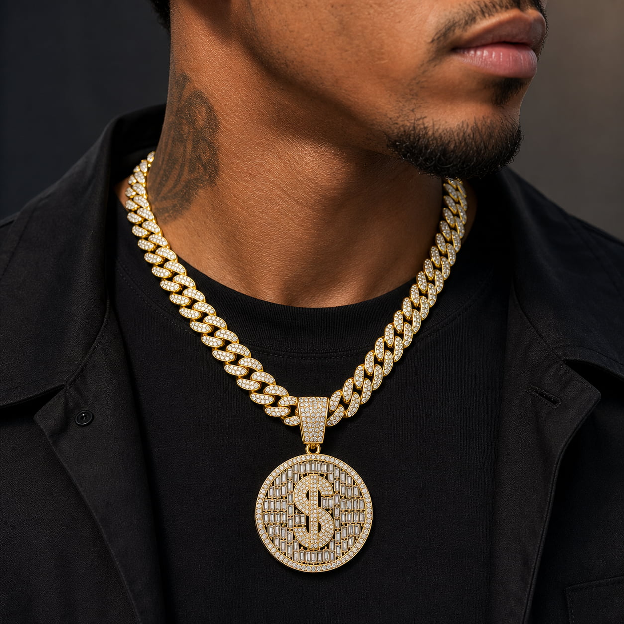 Iced Dollar Pendant Cuban Link Chain