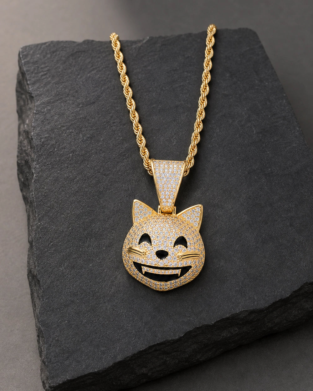 Iced CZ Grinning Cat Pendant Necklace