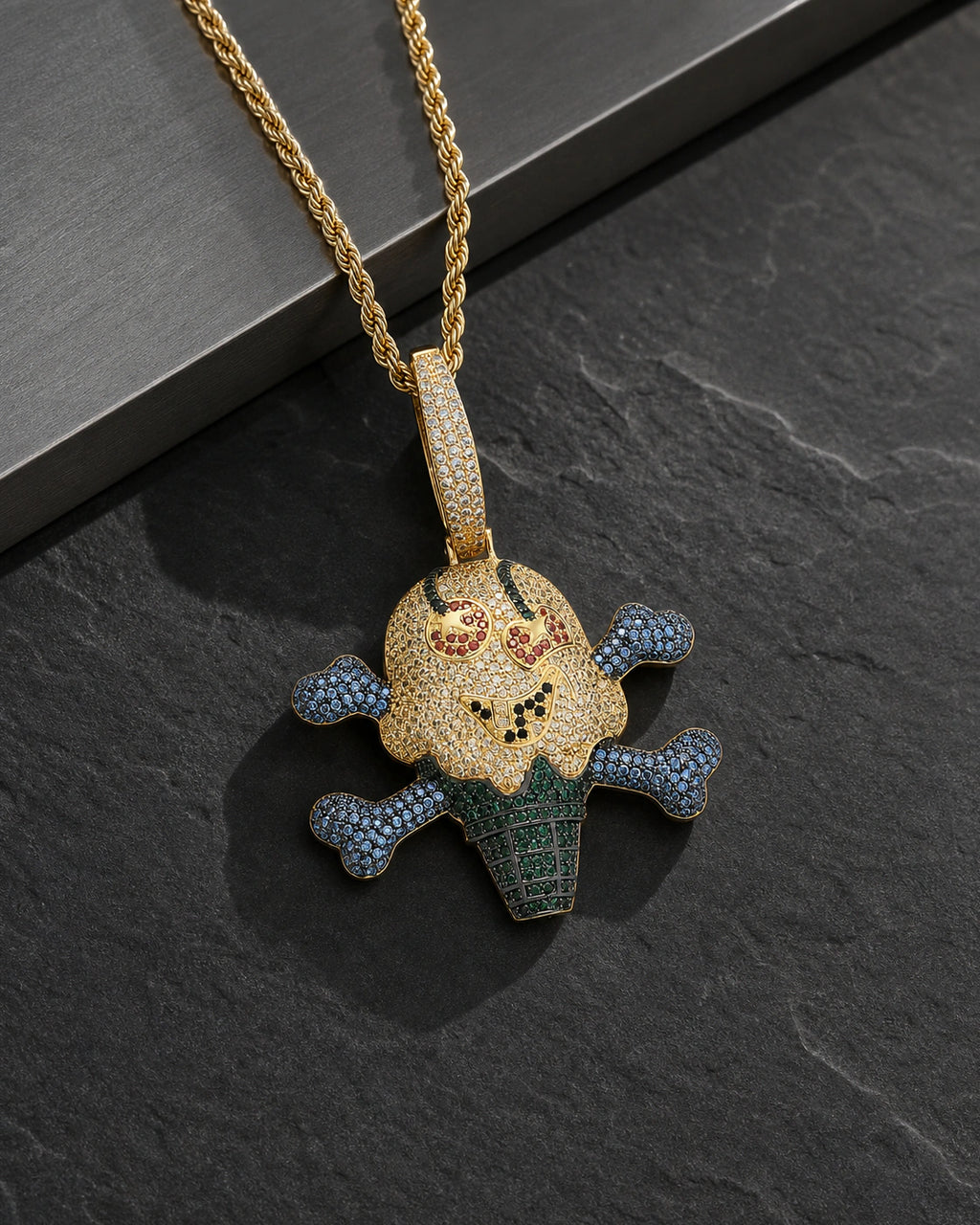 Iced CZ Skull Ice Cream Pendant Necklace