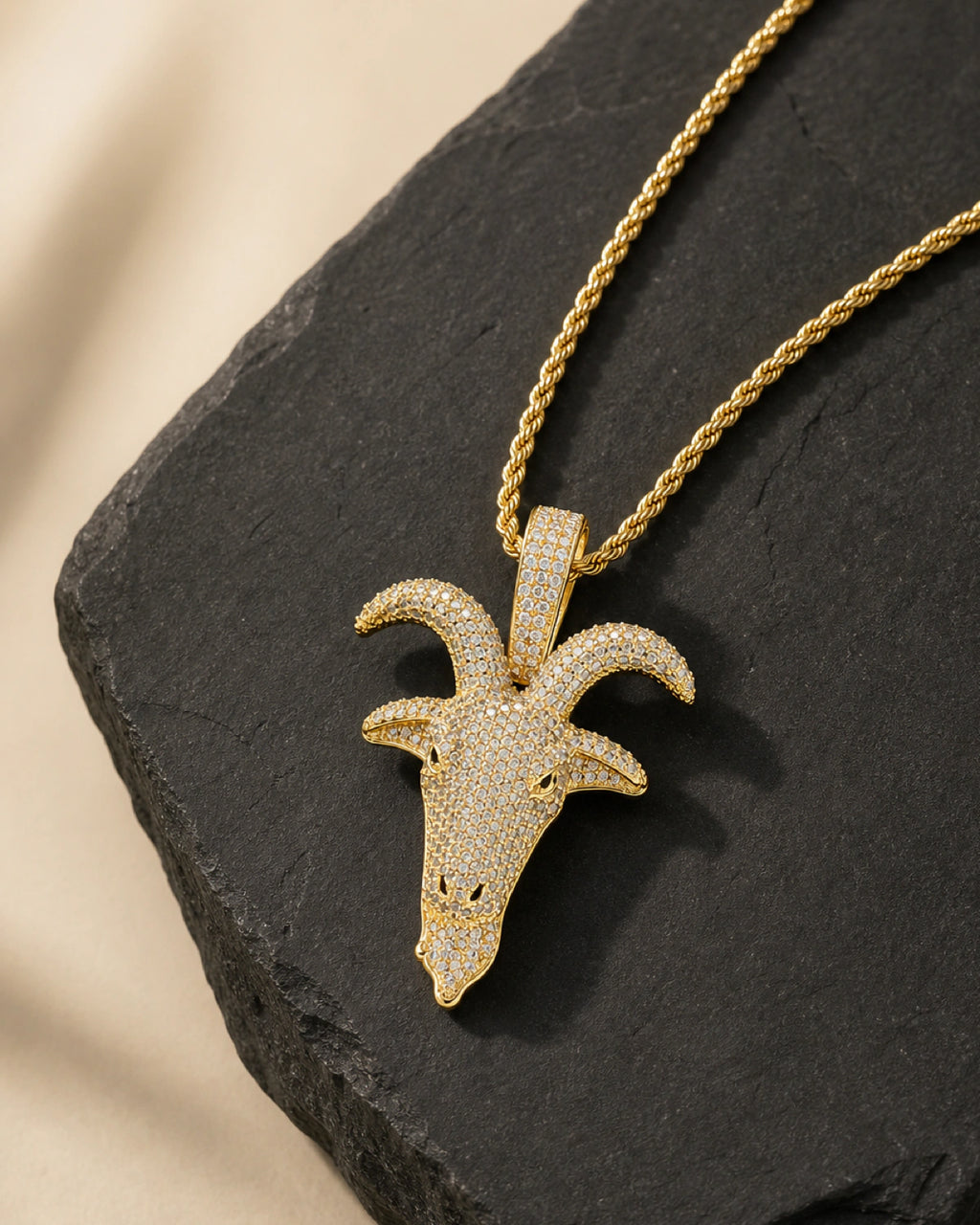 Iced CZ Pave Horned Goat-Head Pendant Necklace
