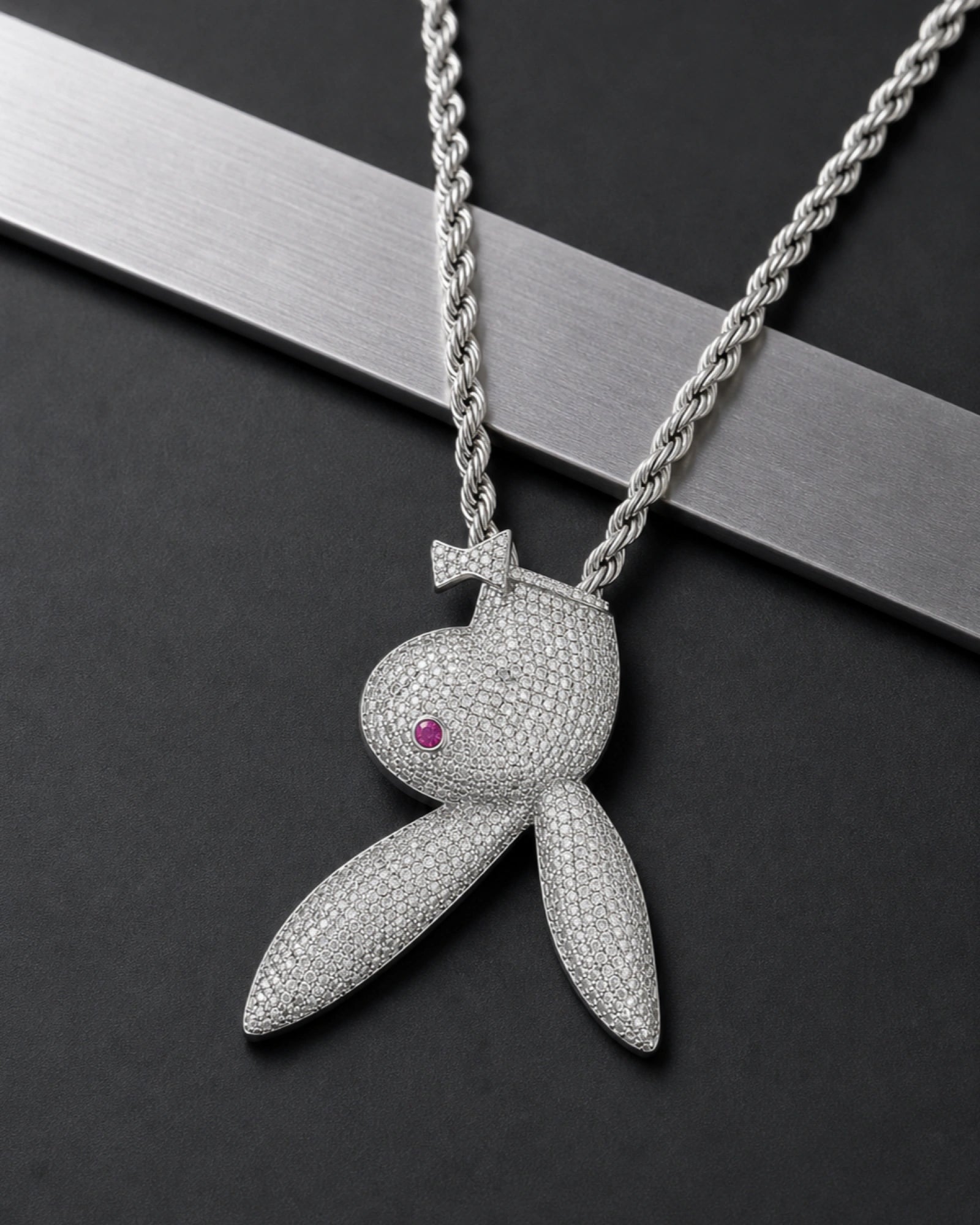 Iced CZ Pave-Style Bunny Head Pendant Necklace