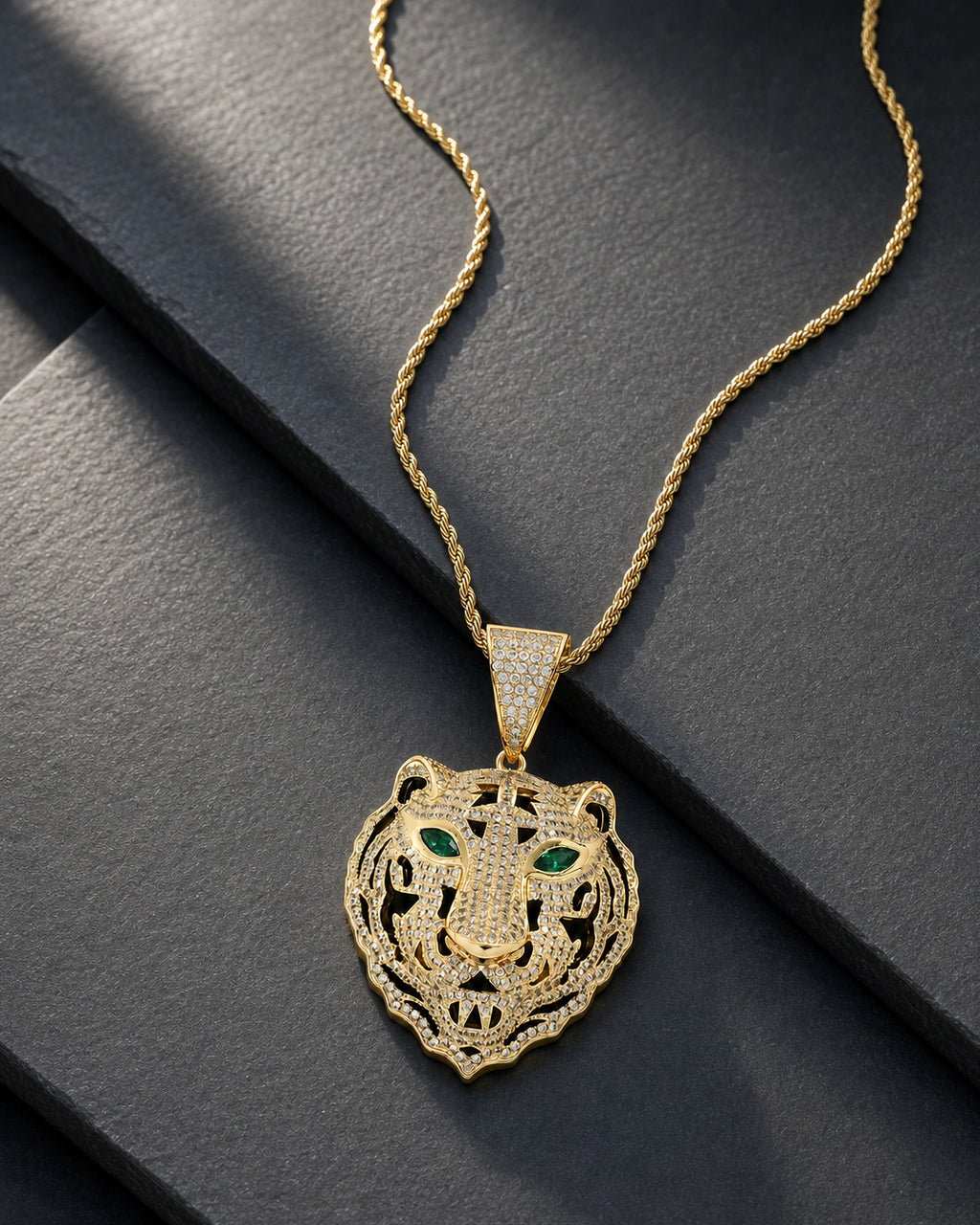Iced CZ Tiger Head Pendant Necklace