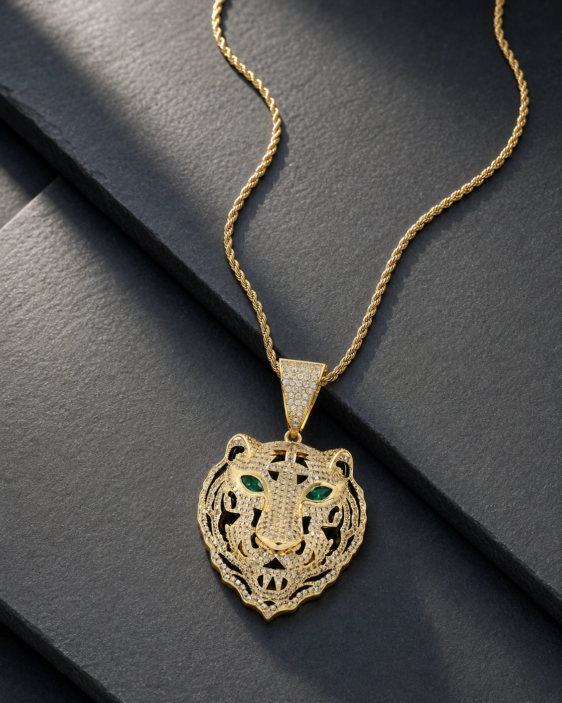 Iced CZ Tiger Head Pendant Necklace