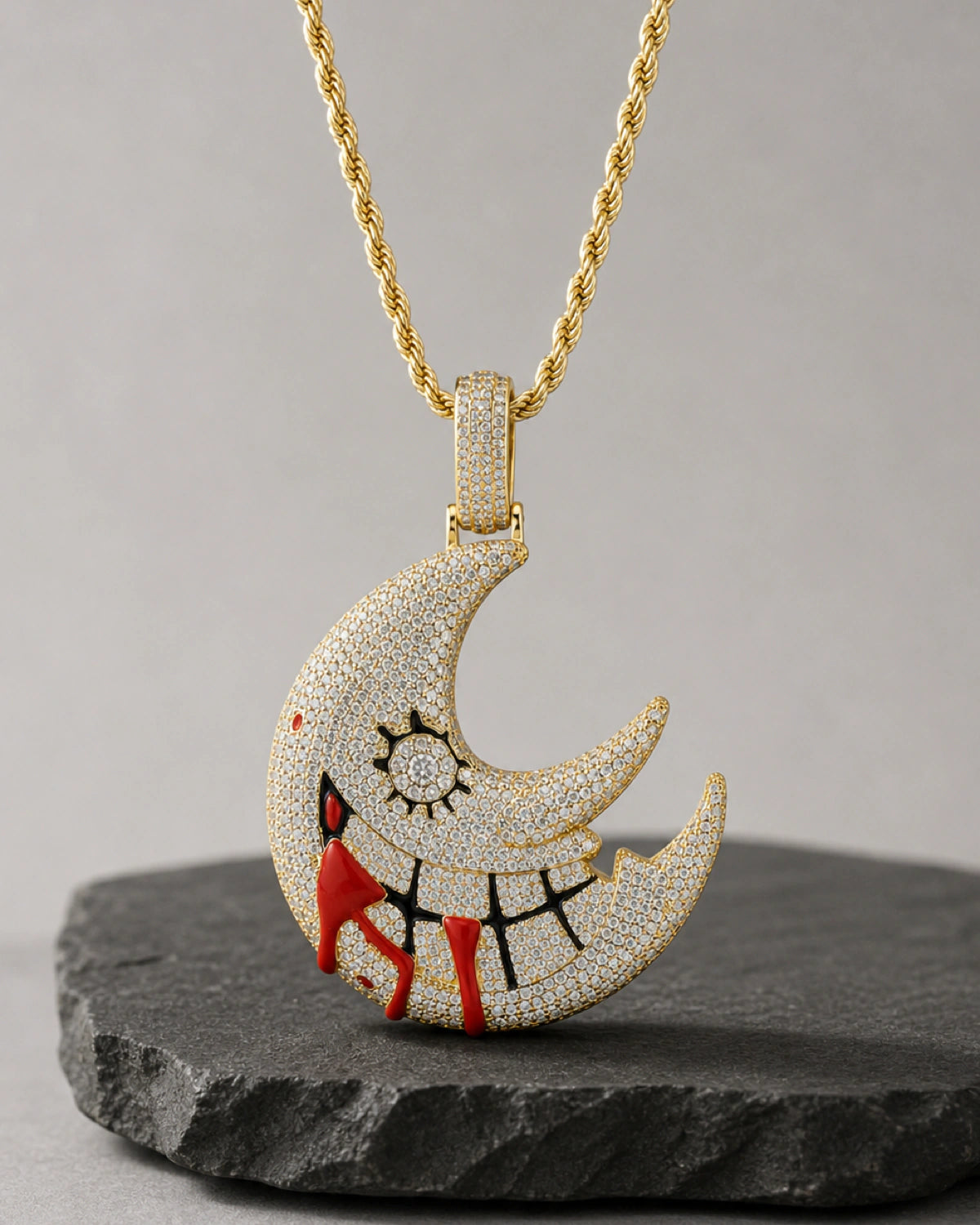 Iced CZ Crescent Grin Pendant Necklace