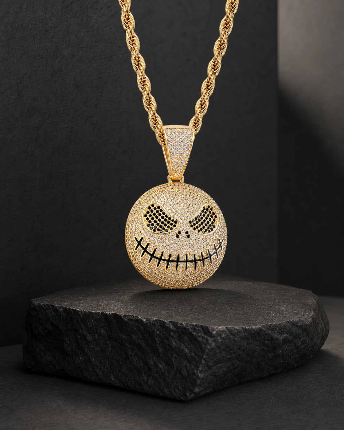 Iced CZ Stitched Grin Pendant Necklace