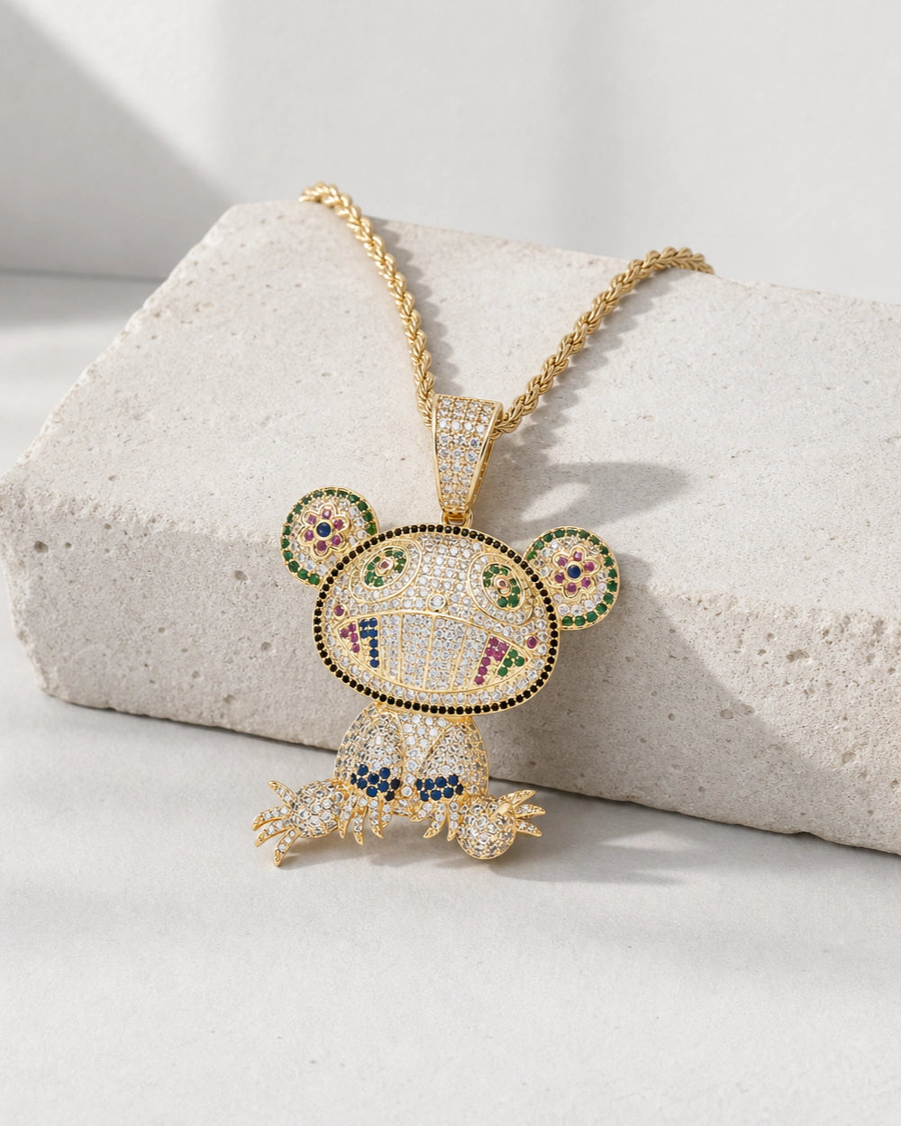 Iced CZ Grin Character Pendant Necklace