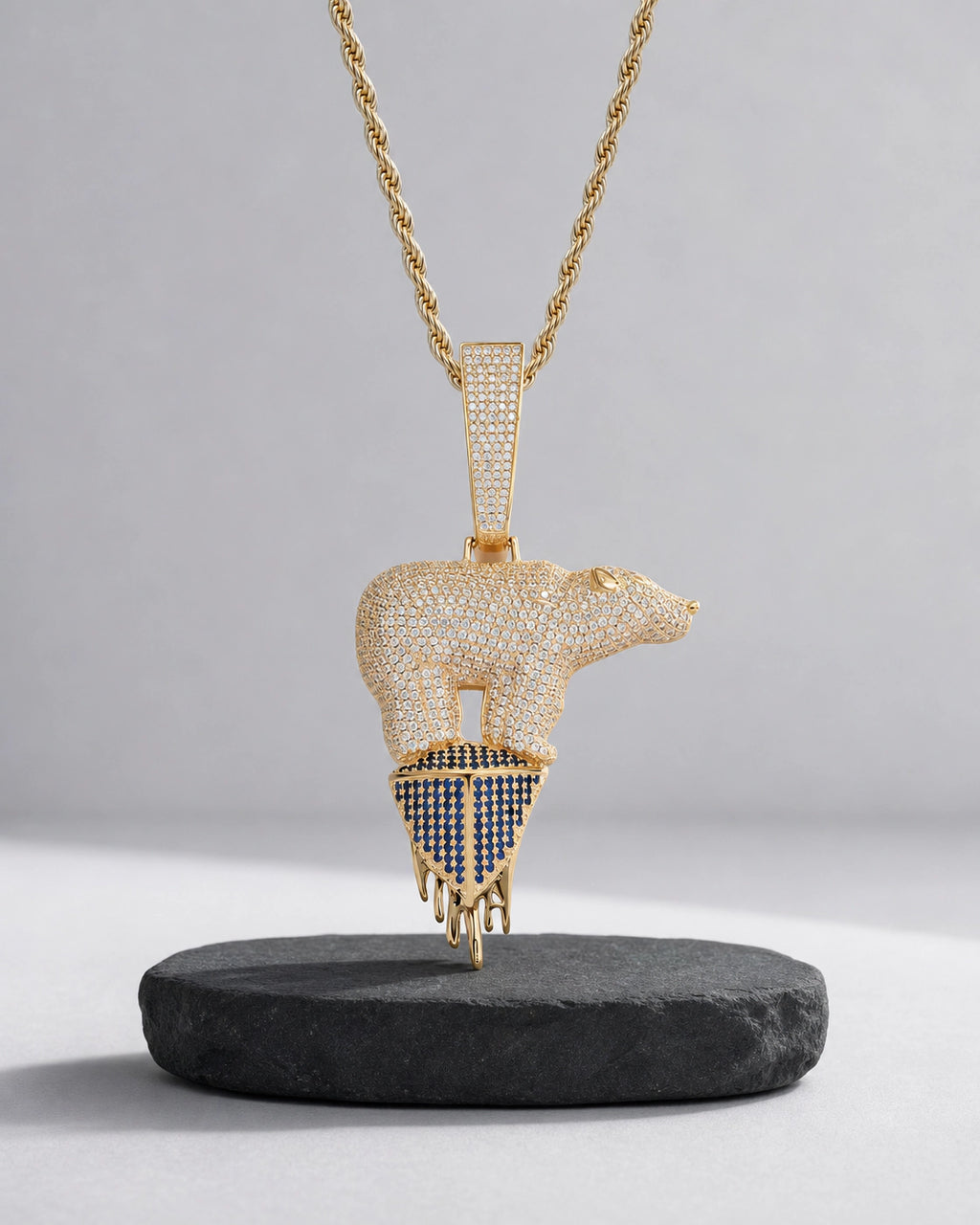 Iced CZ Polar Bear Melting Pendant Necklace