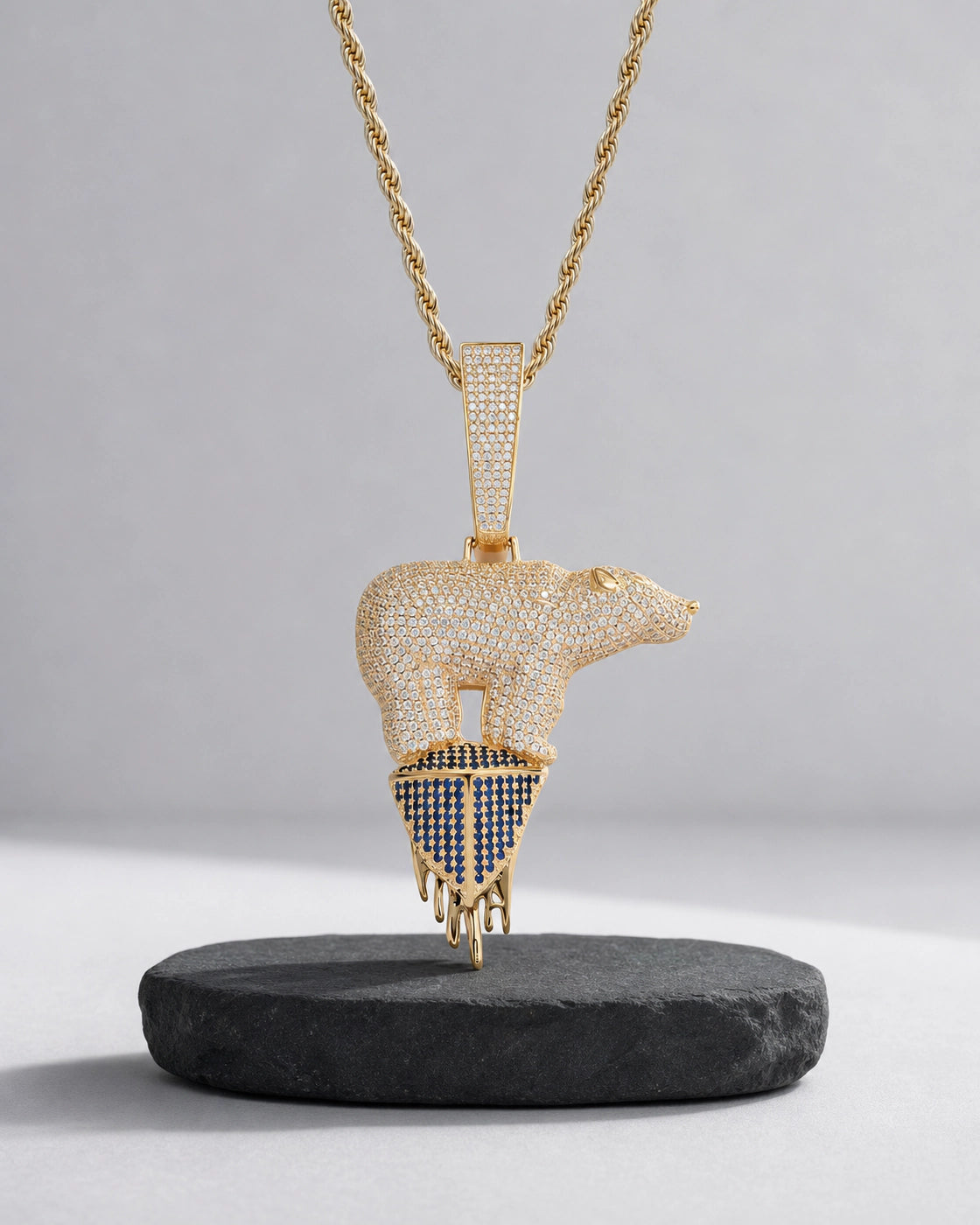 Iced CZ Polar Bear Melting Pendant Necklace