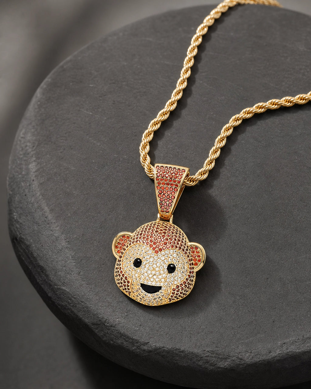 Iced CZ Monkey Face Pendant Necklace