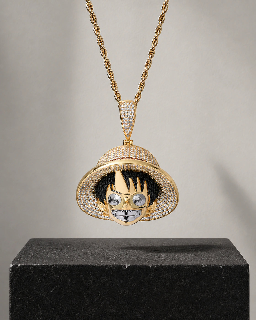 Gold-Tone Iced CZ Grinning Hat Character Pendant Necklace