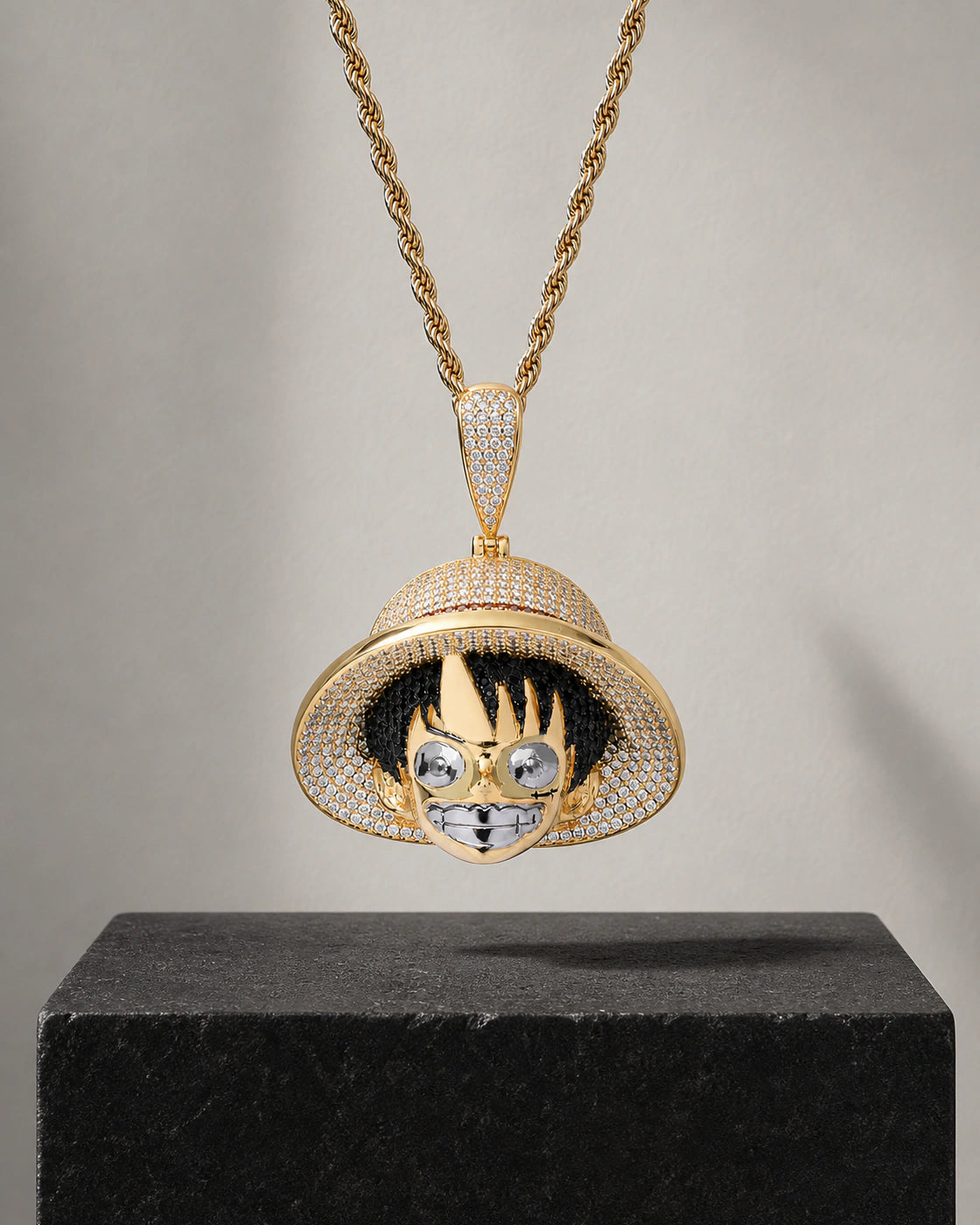 Gold-Tone Iced CZ Grinning Hat Character Pendant Necklace