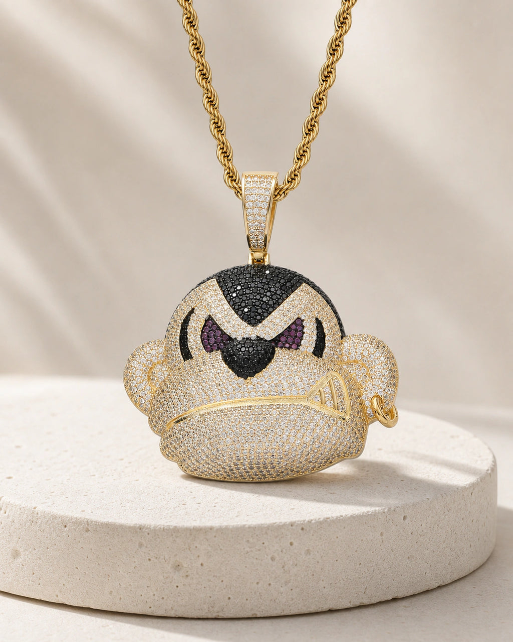 Iced CZ Scowling Cartoon Face Pendant Necklace