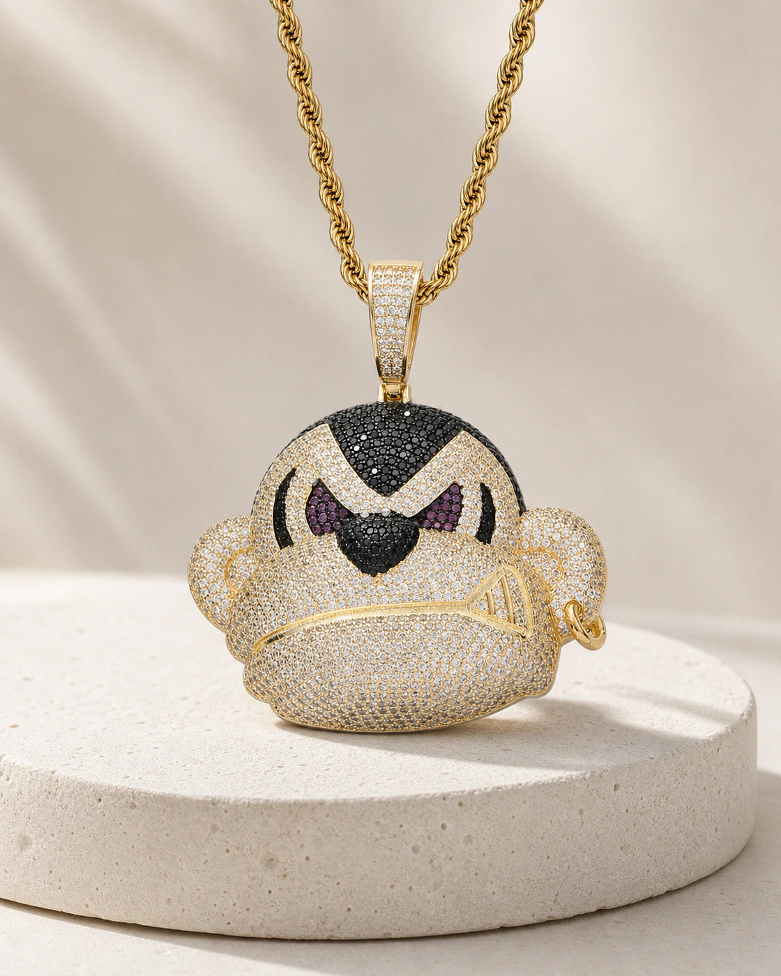 Iced CZ Scowling Cartoon Face Pendant Necklace