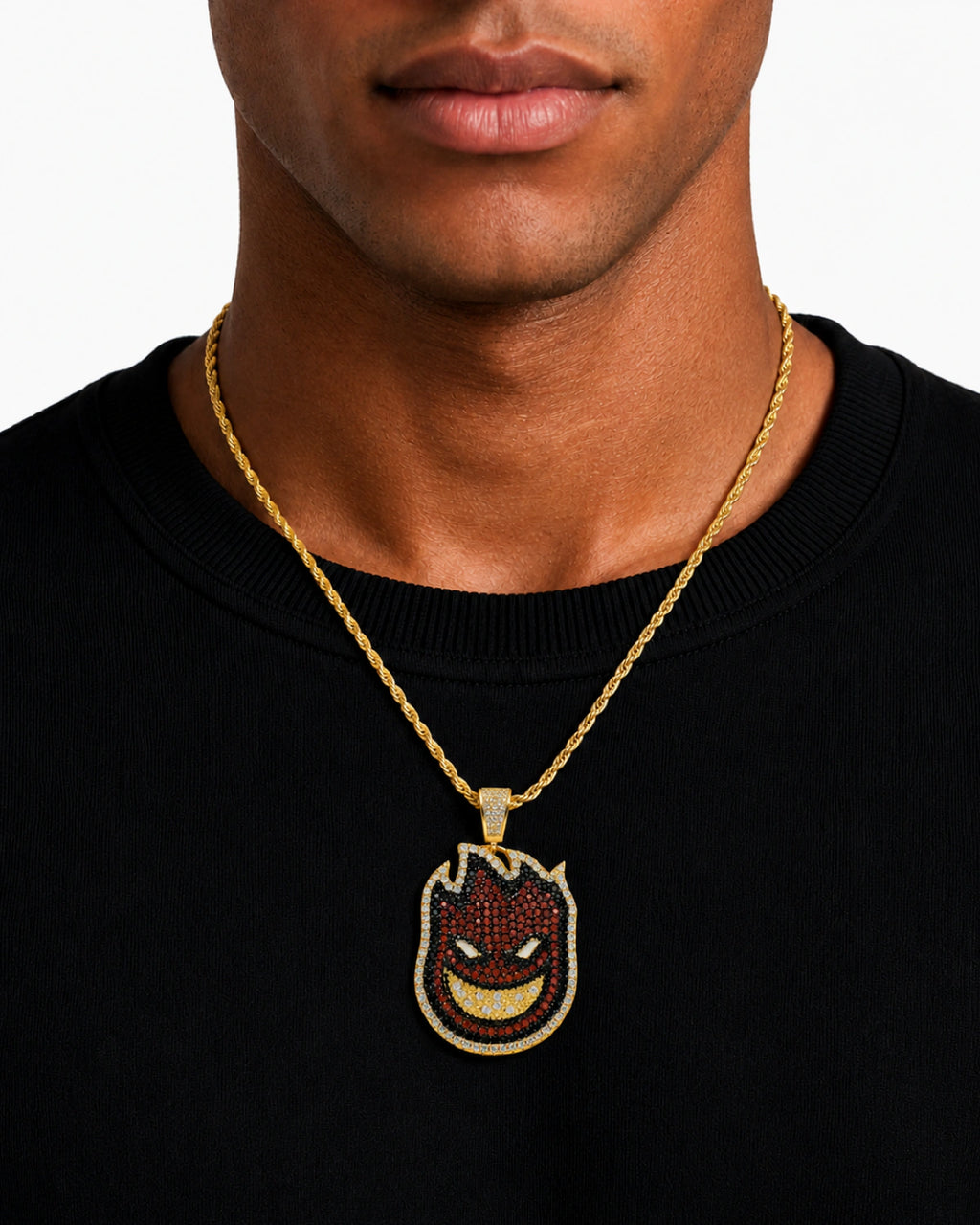 Iced CZ Flame Grin Pendant Necklace