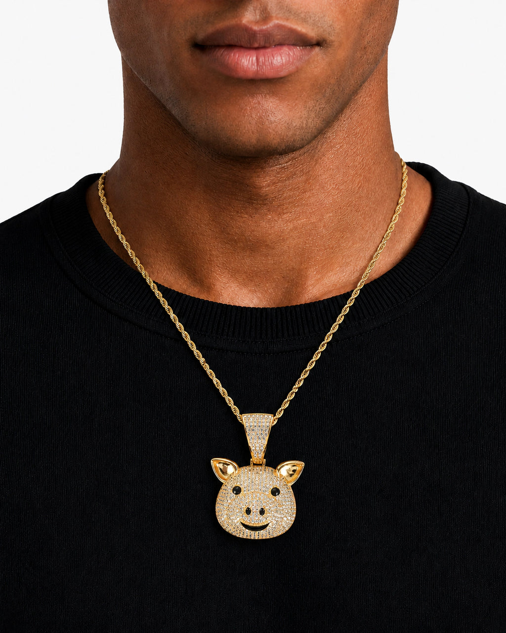 Iced CZ Pig Face Pendant Necklace